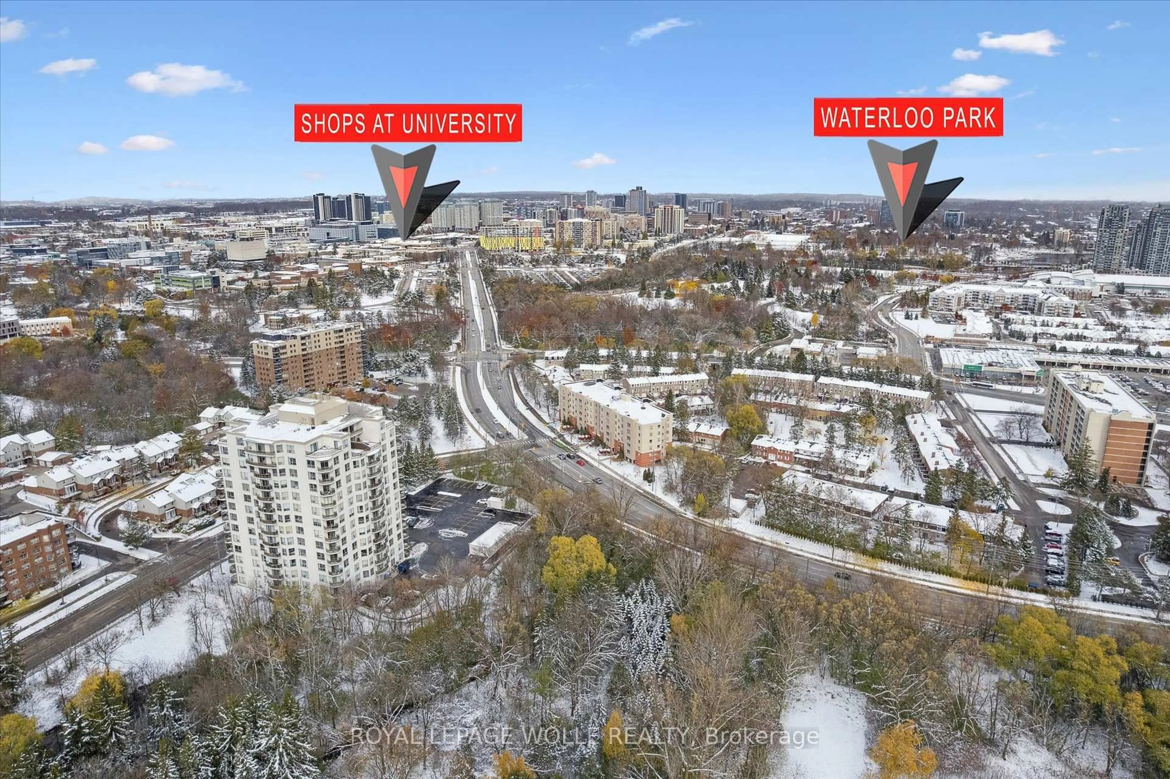 A pic from outside/outdoor area/front of a property/back of a property/a pic from drone, city buildings view from balcony for 255 Keats Way #706, Waterloo Ontario N2L 6N6