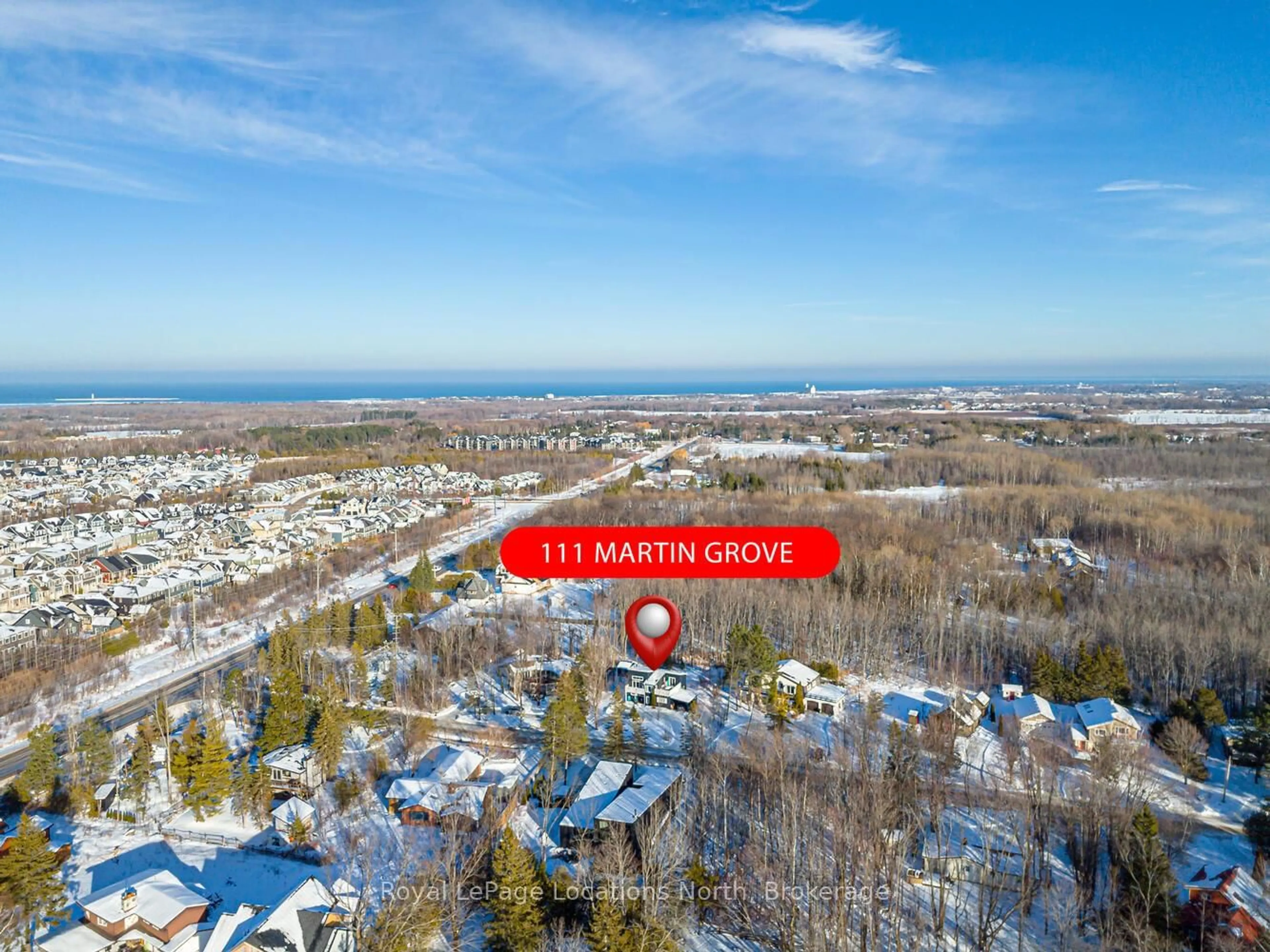 A pic from outside/outdoor area/front of a property/back of a property/a pic from drone, water/lake/river/ocean view for 111 Martin Grve, Blue Mountains Ontario L9Y 0N5