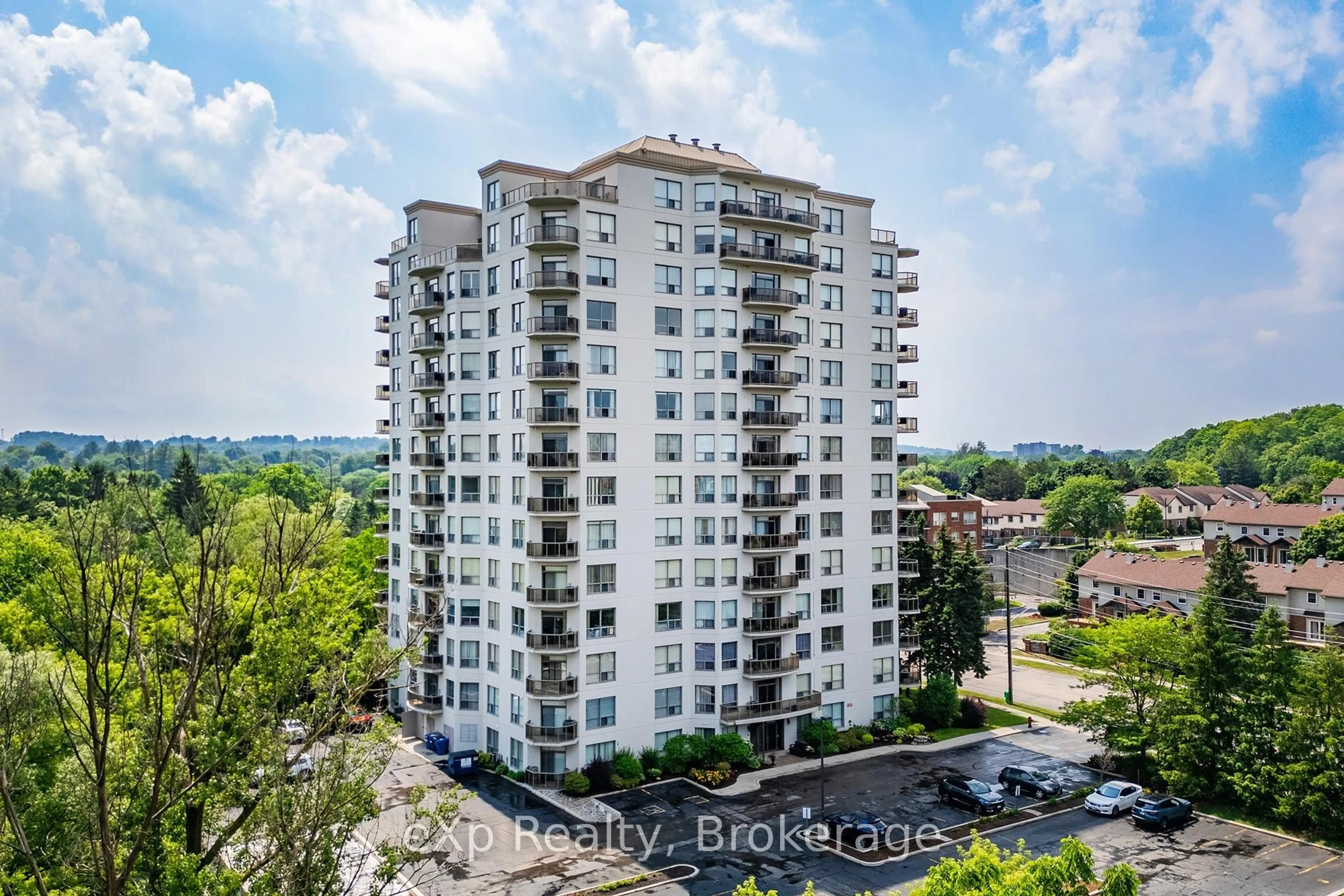 A pic from outside/outdoor area/front of a property/back of a property/a pic from drone, city buildings view from balcony for 255 Keats Way #403, Waterloo Ontario N2L 6N6