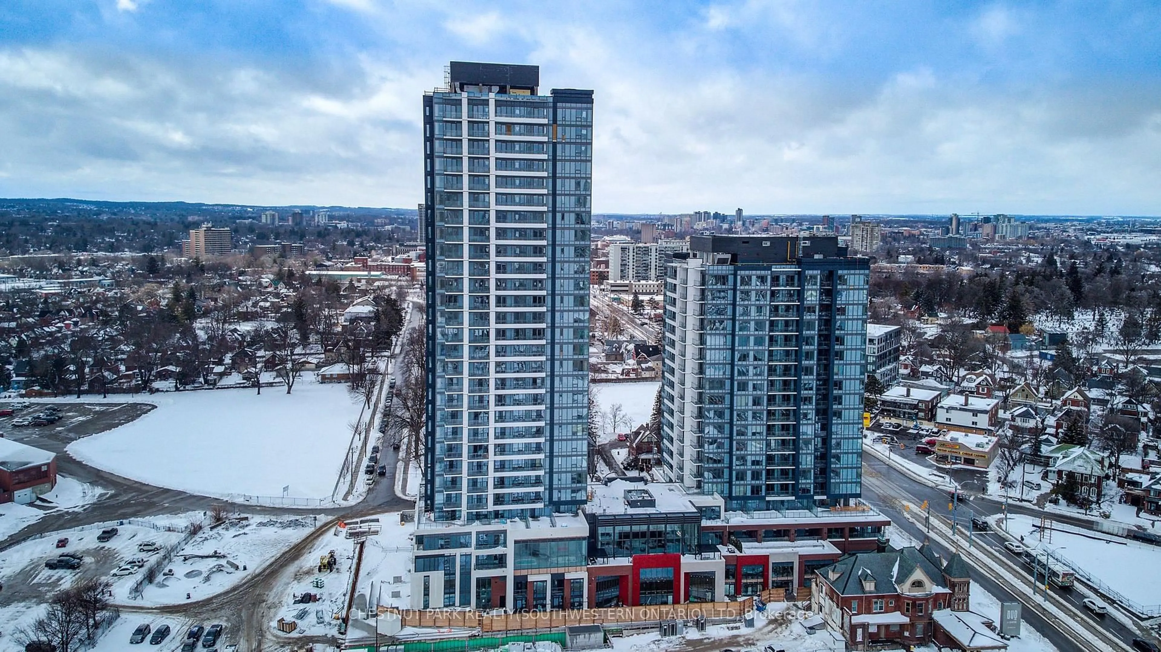 A pic from outside/outdoor area/front of a property/back of a property/a pic from drone, city buildings view from balcony for 15 Wellington St #1704, Kitchener Ontario N2G 0E4