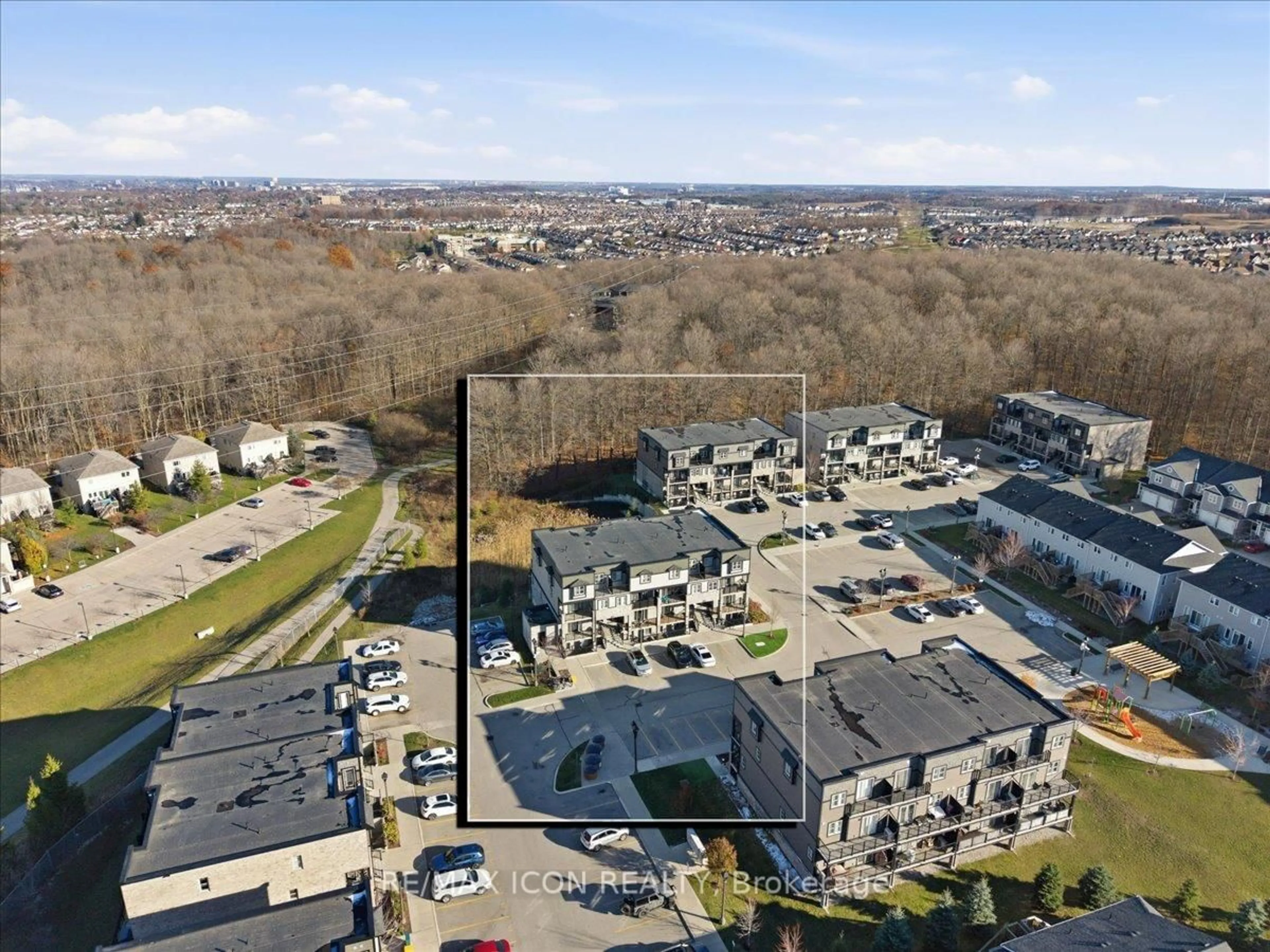 A pic from outside/outdoor area/front of a property/back of a property/a pic from drone, city buildings view from balcony for 1989 Ottawa St #21D, Kitchener Ontario N2E 0G7