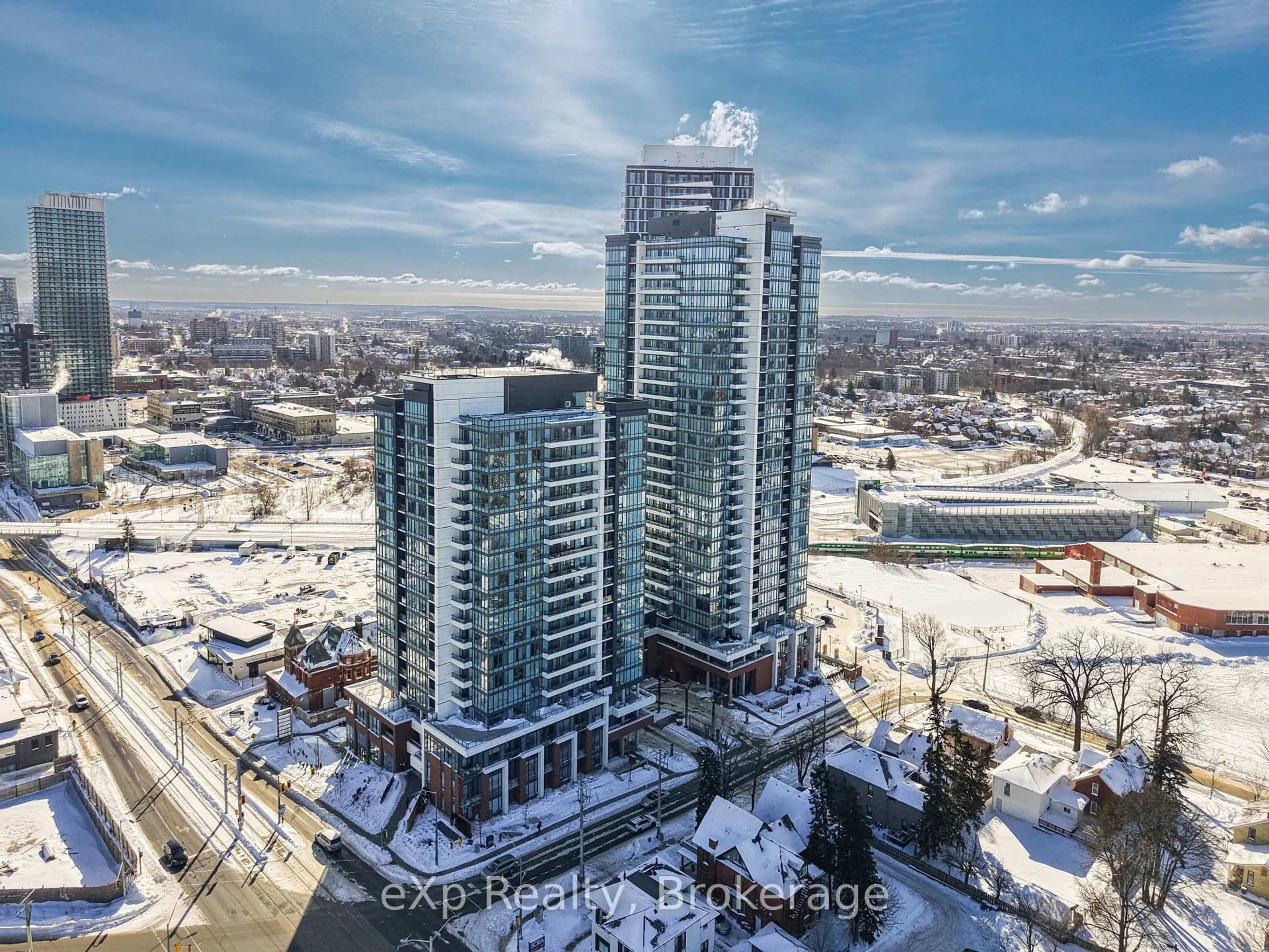 A pic from outside/outdoor area/front of a property/back of a property/a pic from drone, city buildings view from balcony for 15 Wellington St #1810, Kitchener Ontario N2G 0E4