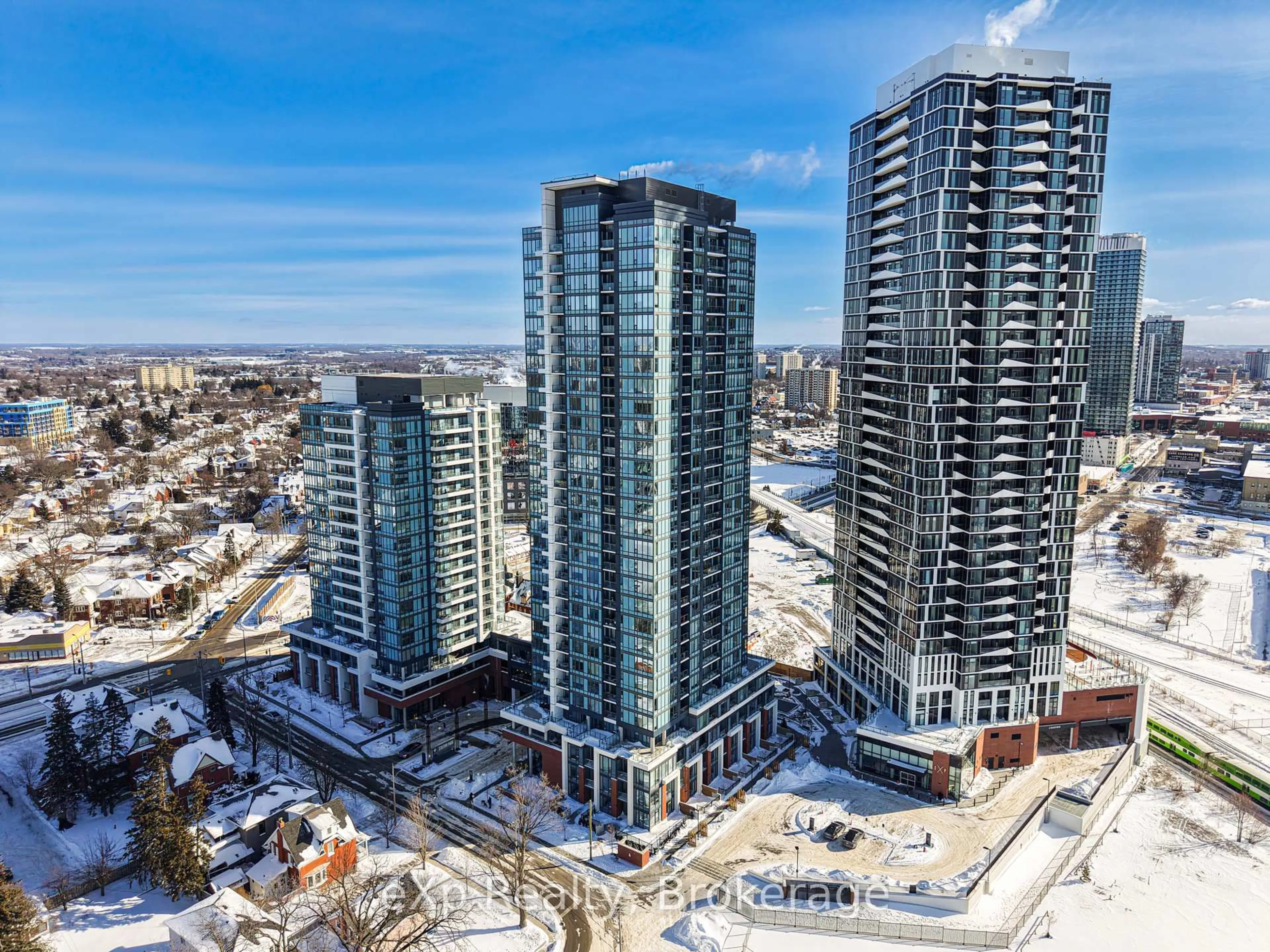 A pic from outside/outdoor area/front of a property/back of a property/a pic from drone, city buildings view from balcony for 15 Wellington St #1810, Kitchener Ontario N2G 0E4