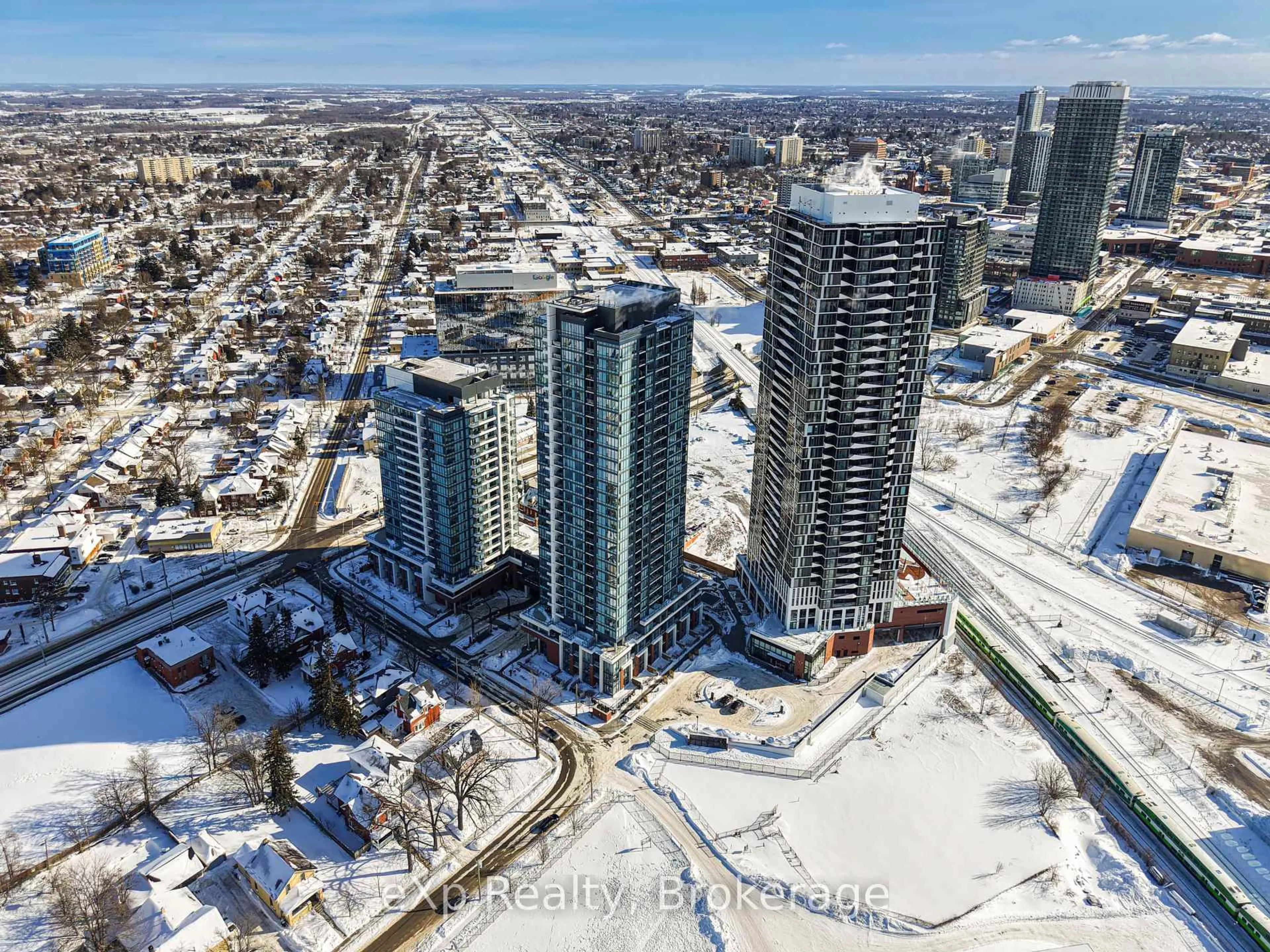 A pic from outside/outdoor area/front of a property/back of a property/a pic from drone, city buildings view from balcony for 15 Wellington St #1810, Kitchener Ontario N2G 0E4
