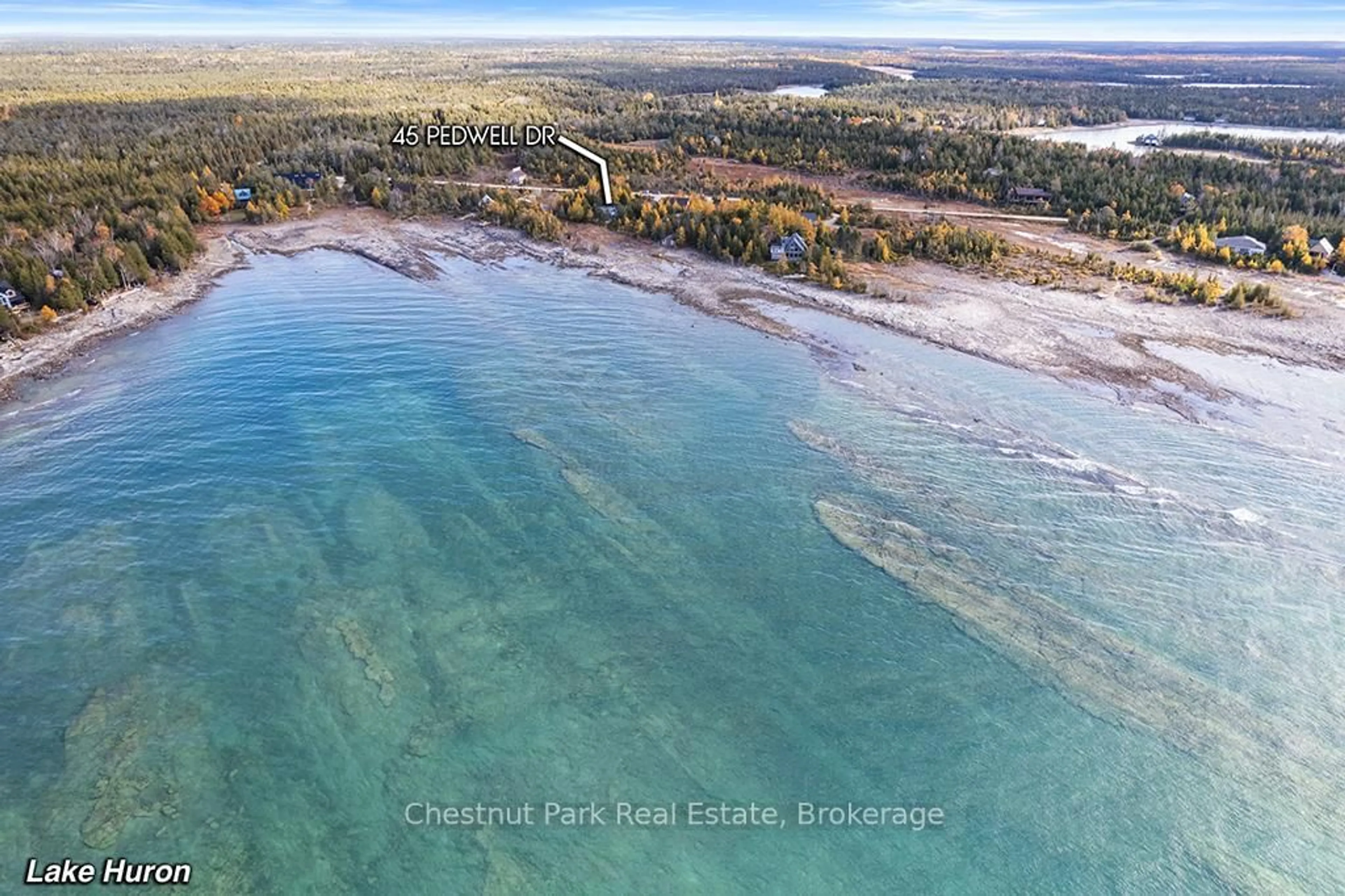 A pic from outside/outdoor area/front of a property/back of a property/a pic from drone, water/lake/river/ocean view for 45 Pedwell Dr, Northern Bruce Peninsula Ontario N0H 2R0