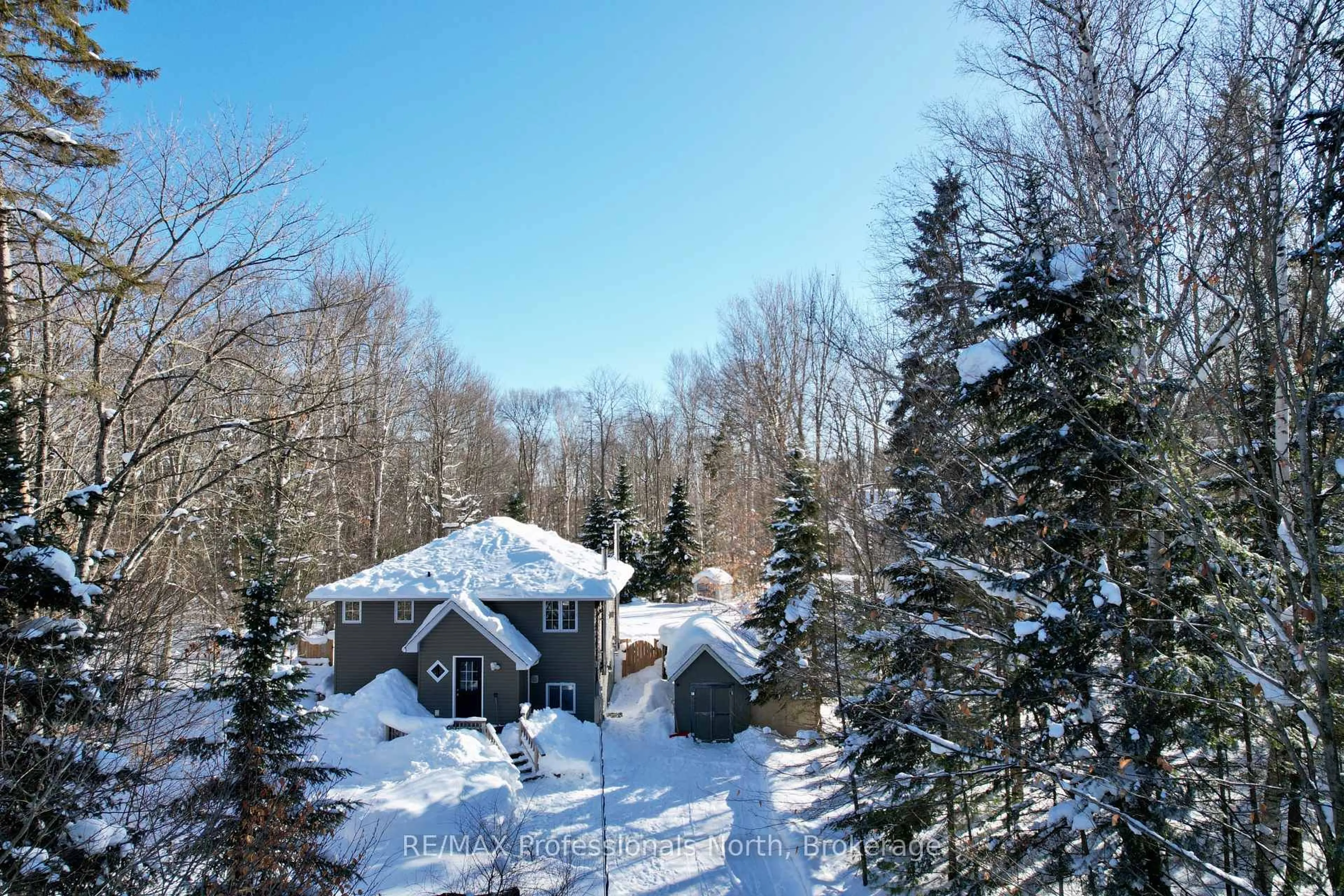 A pic from outside/outdoor area/front of a property/back of a property/a pic from drone, forest/trees view for 351 Chub Lake Rd, Huntsville Ontario P1H 1S4