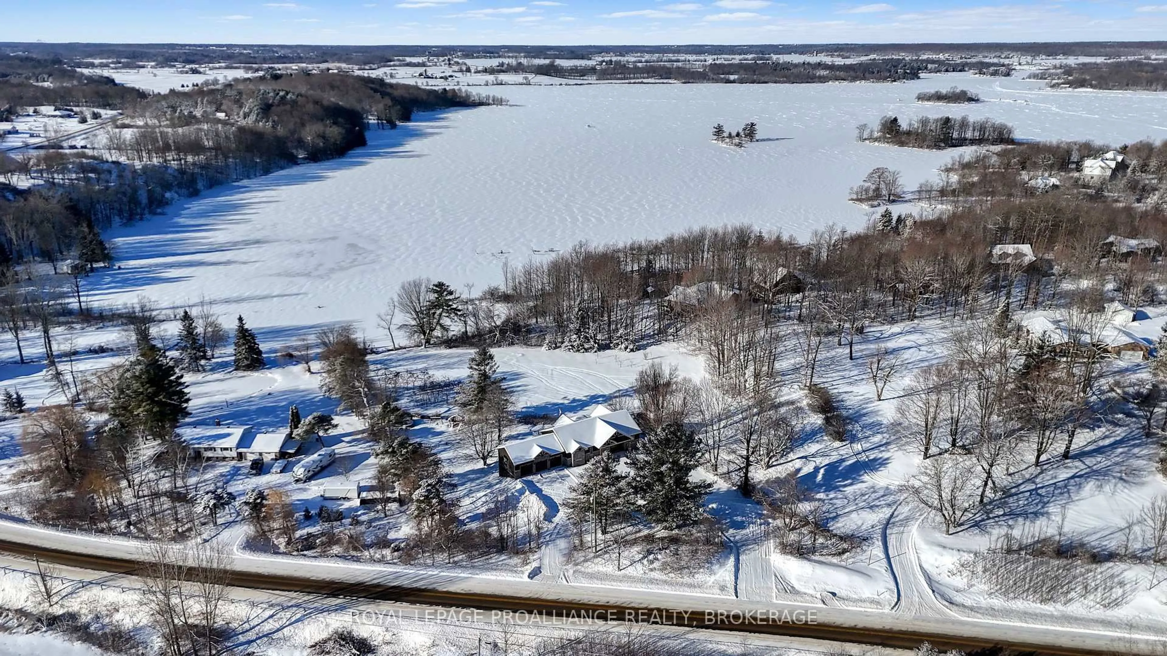A pic from outside/outdoor area/front of a property/back of a property/a pic from drone, water/lake/river/ocean view for 1888 Sunbury Rd, Inverary Ontario K0H 1X0