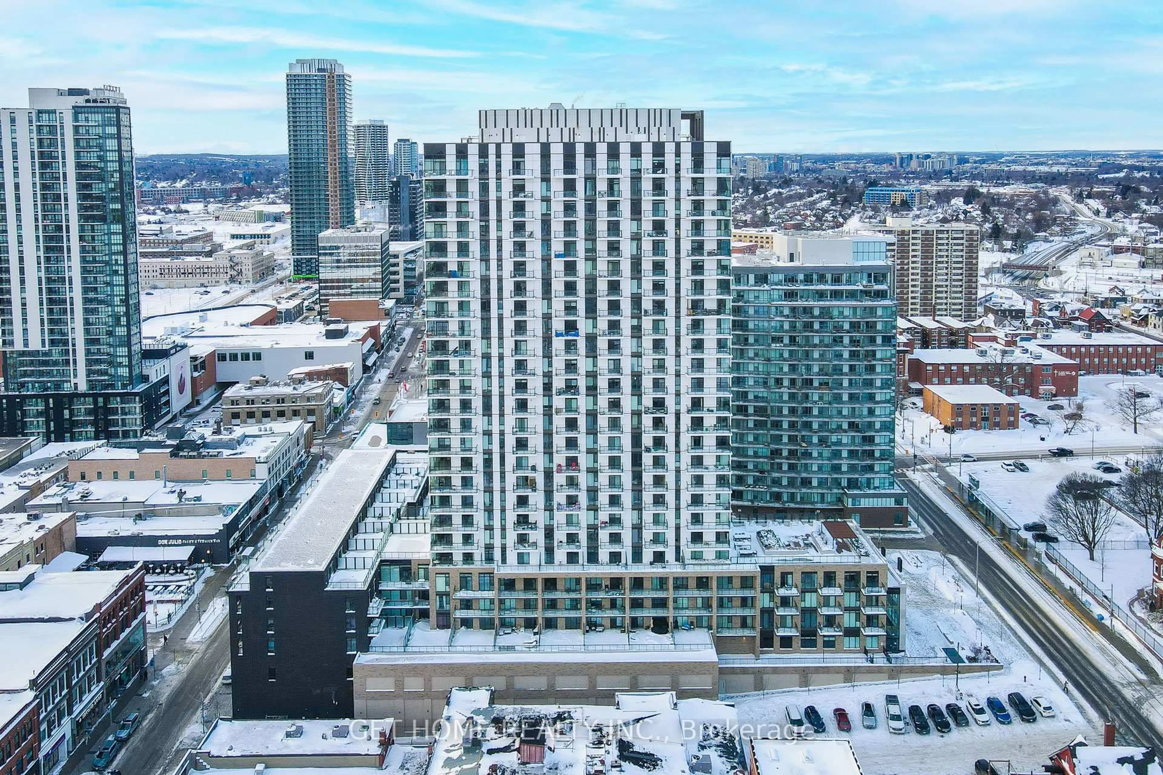 A pic from outside/outdoor area/front of a property/back of a property/a pic from drone, city buildings view from balcony for 55 Duke St #902, Kitchener Ontario N2H 0C9