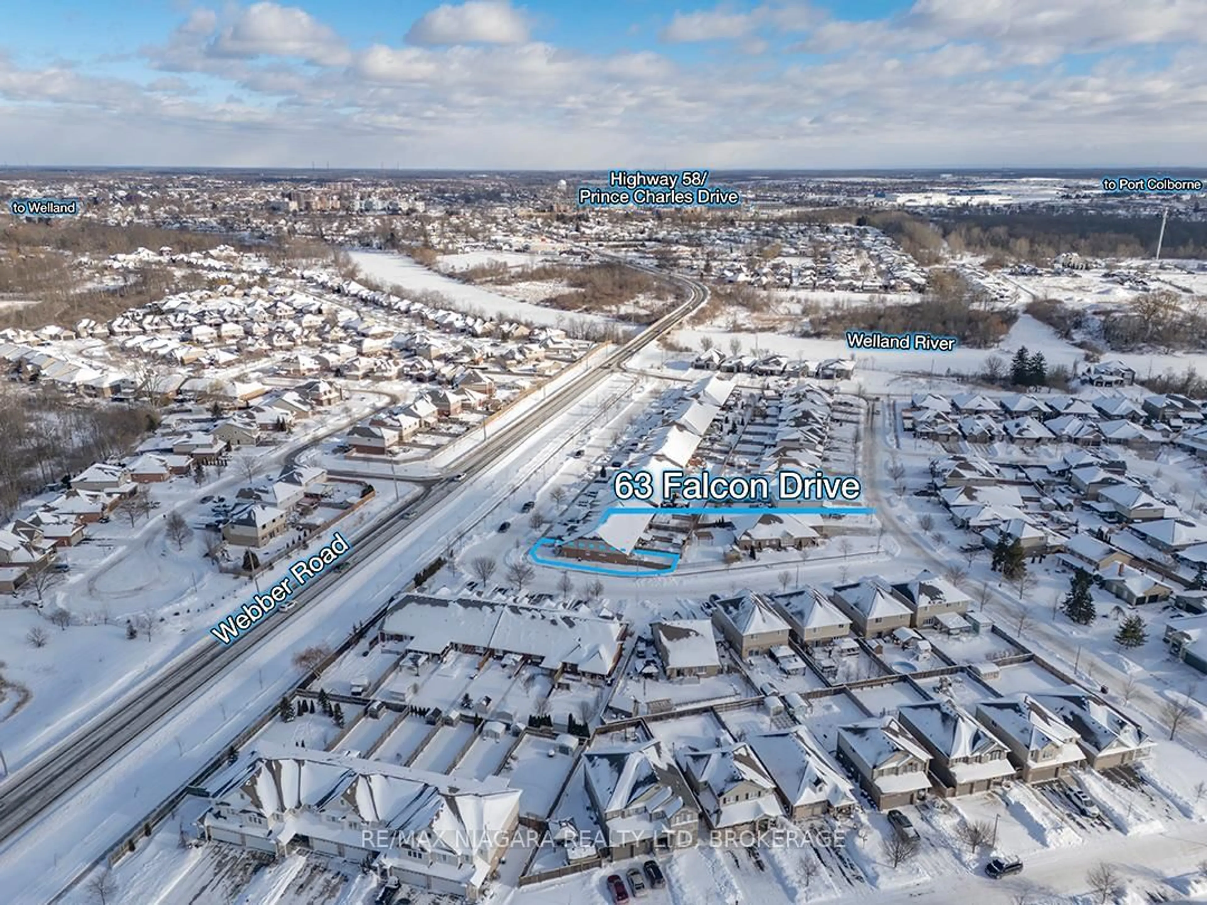 A pic from outside/outdoor area/front of a property/back of a property/a pic from drone, street for 63 Falcon Dr, Welland Ontario L3C 0B2