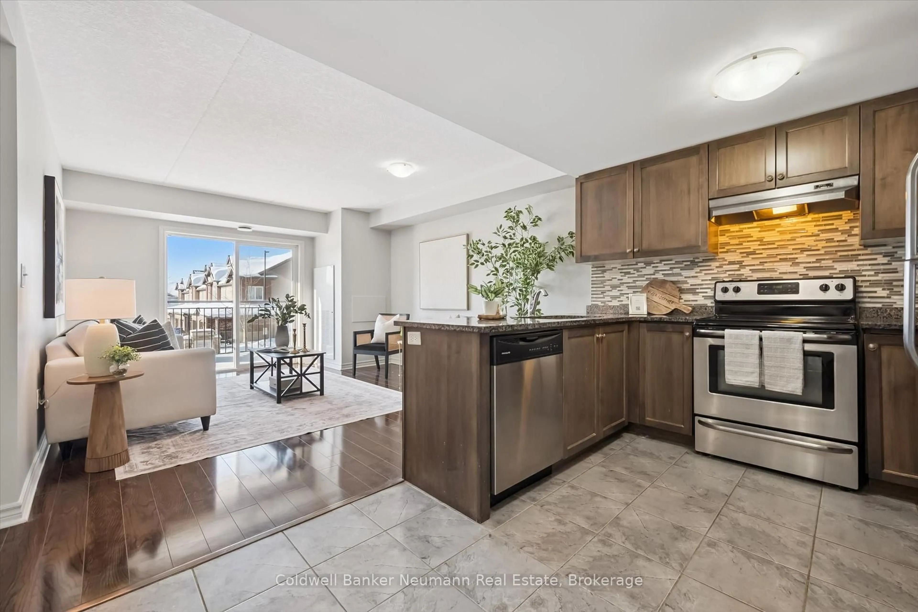 Open concept kitchen, ceramic/tile floor for 45 Kingsbury Sq #209, Guelph Ontario N1L 0L2