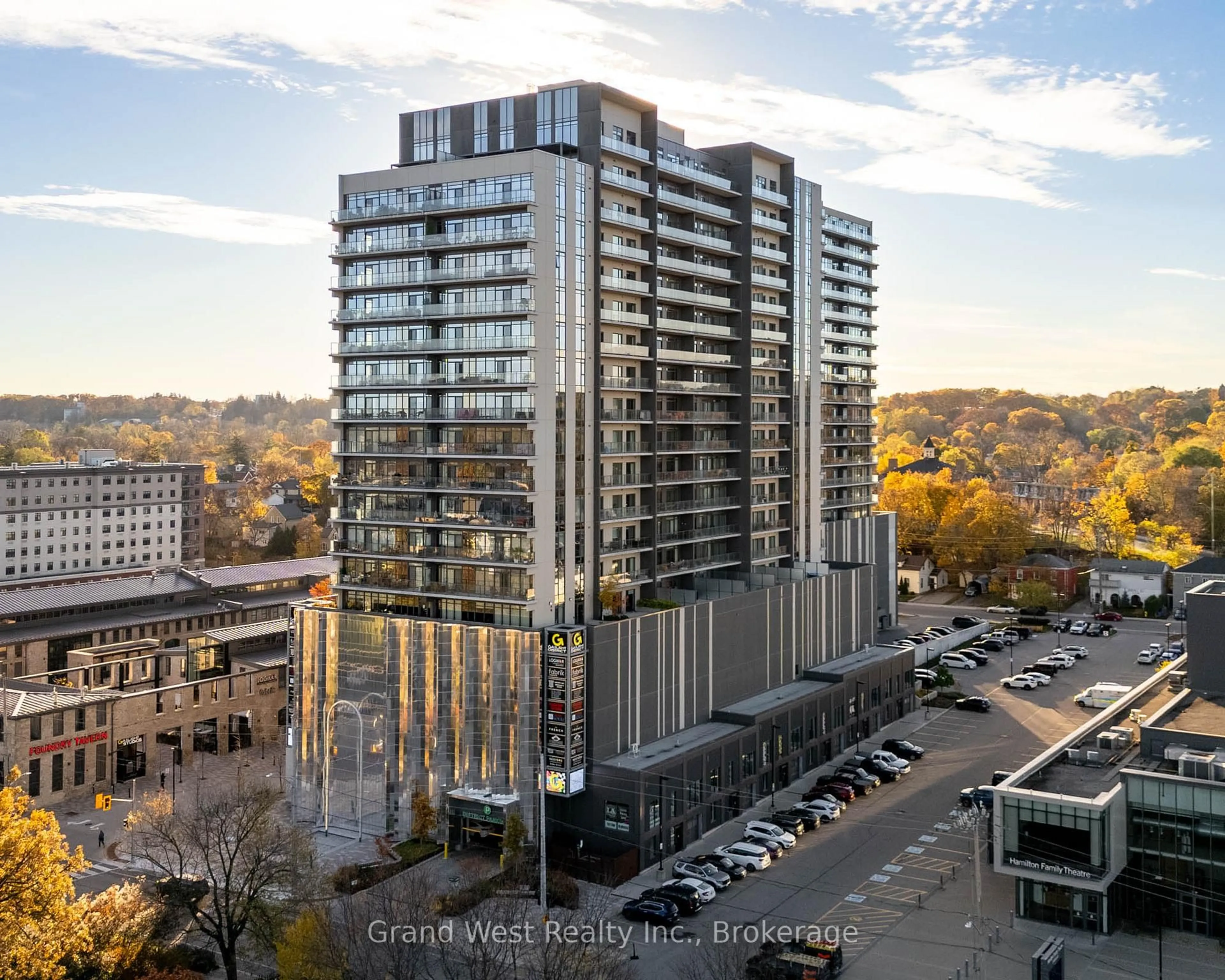 A pic from outside/outdoor area/front of a property/back of a property/a pic from drone, city buildings view from balcony for 50 Grand Ave #602, Cambridge Ontario N1S 0C2
