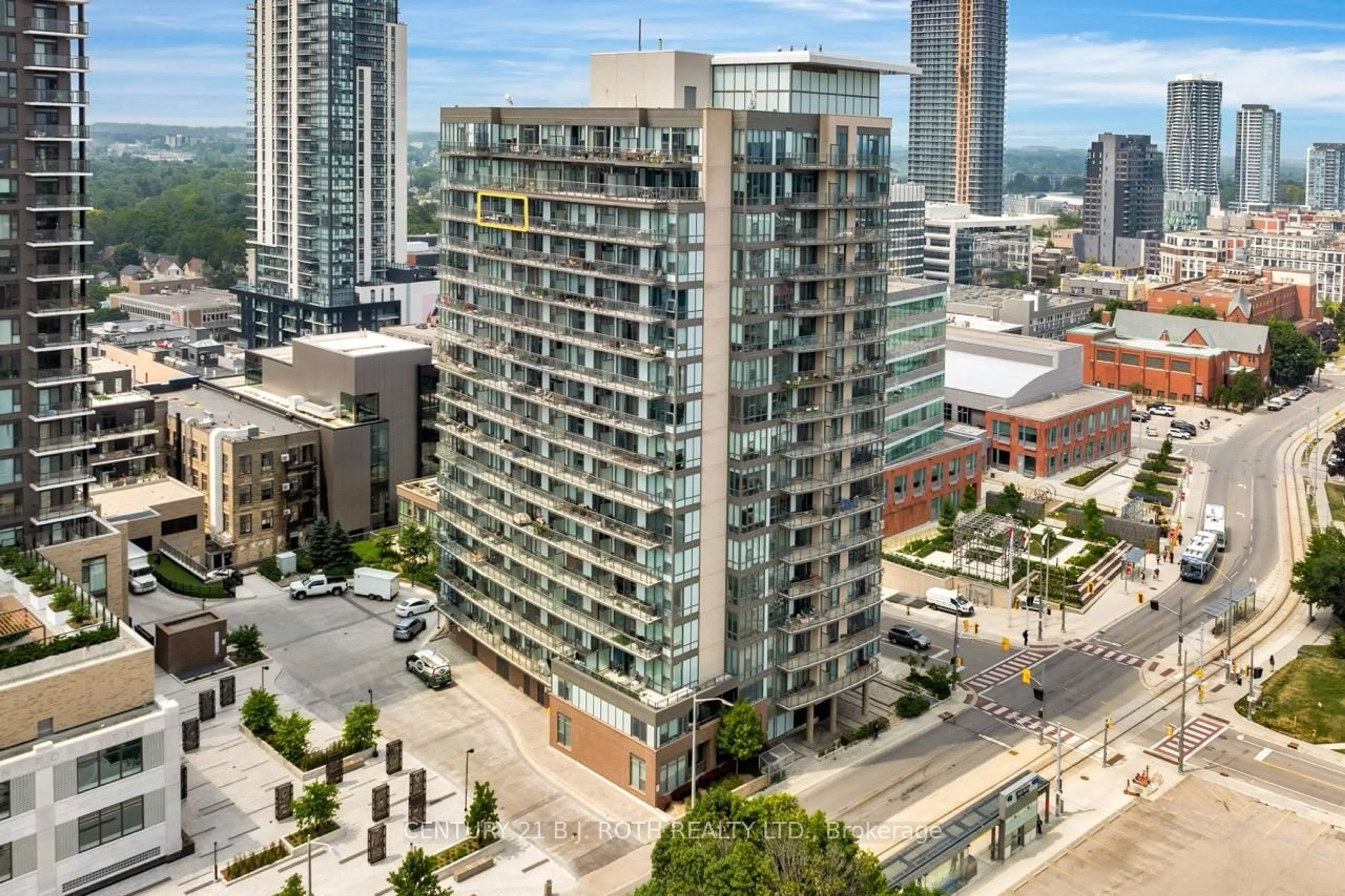 A pic from outside/outdoor area/front of a property/back of a property/a pic from drone, city buildings view from balcony for 85 Duke St #1507, Kitchener Ontario N2H 0B7