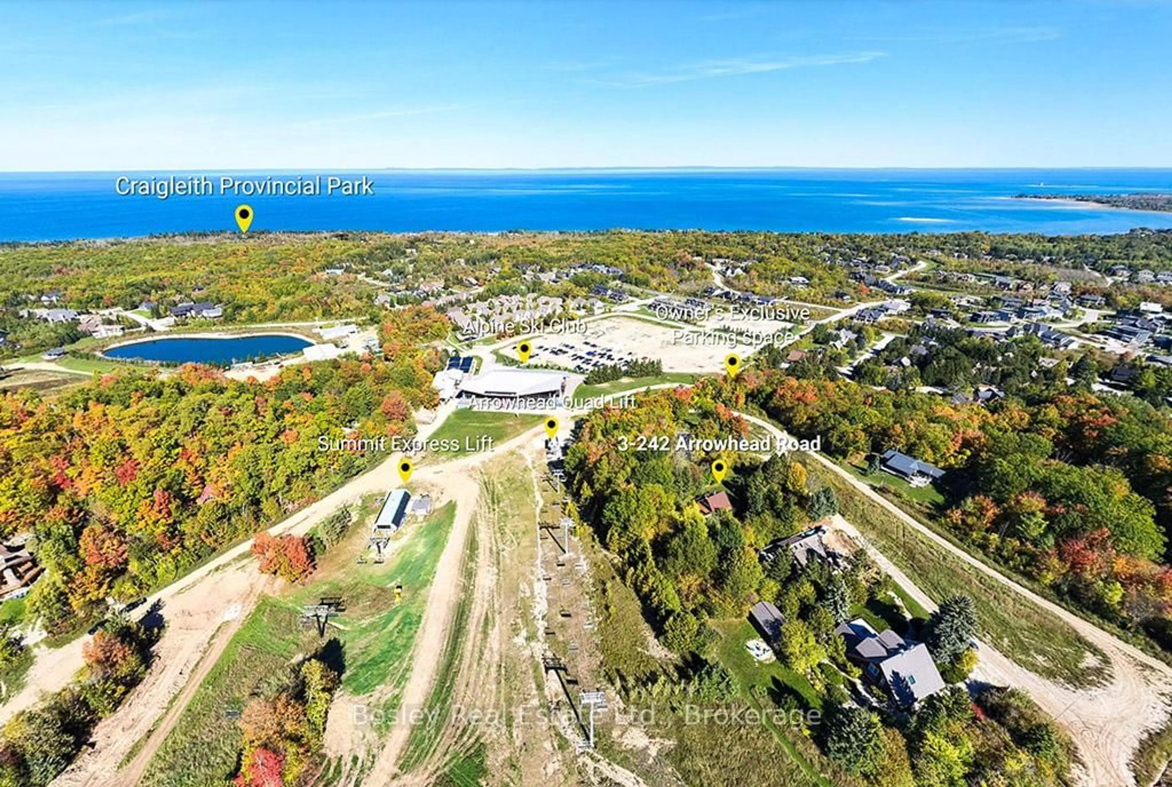 A pic from outside/outdoor area/front of a property/back of a property/a pic from drone, water/lake/river/ocean view for 242 Arrowhead Rd #3, Blue Mountains Ontario L9Y 0S1