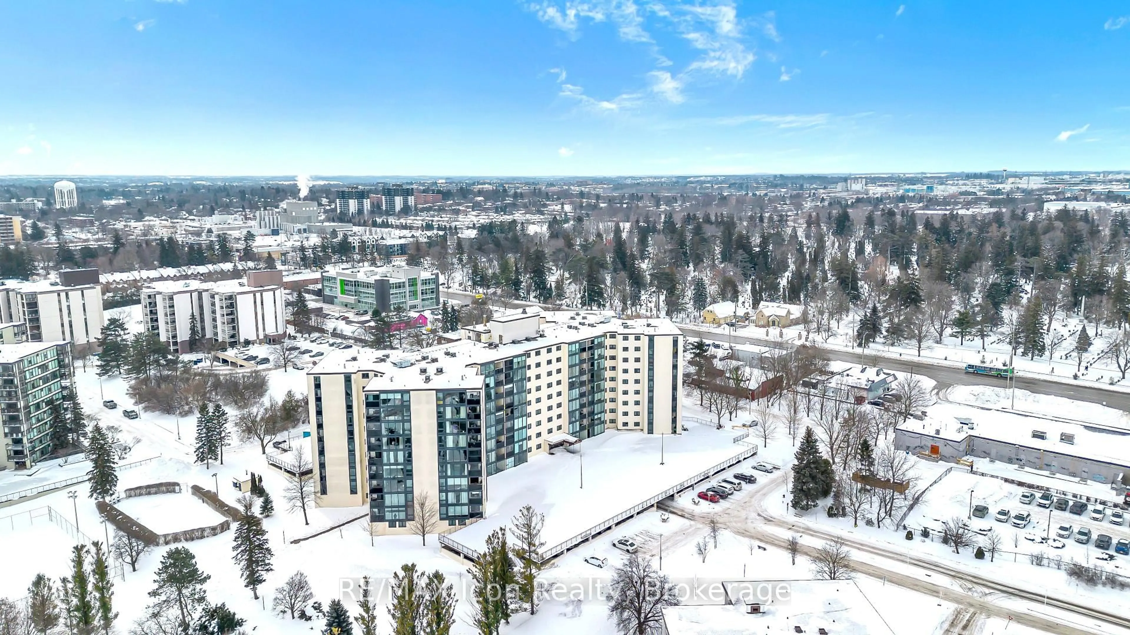 A pic from outside/outdoor area/front of a property/back of a property/a pic from drone, city buildings view from balcony for 19 Woodlawn Rd #303, Guelph Ontario N1H 7B1