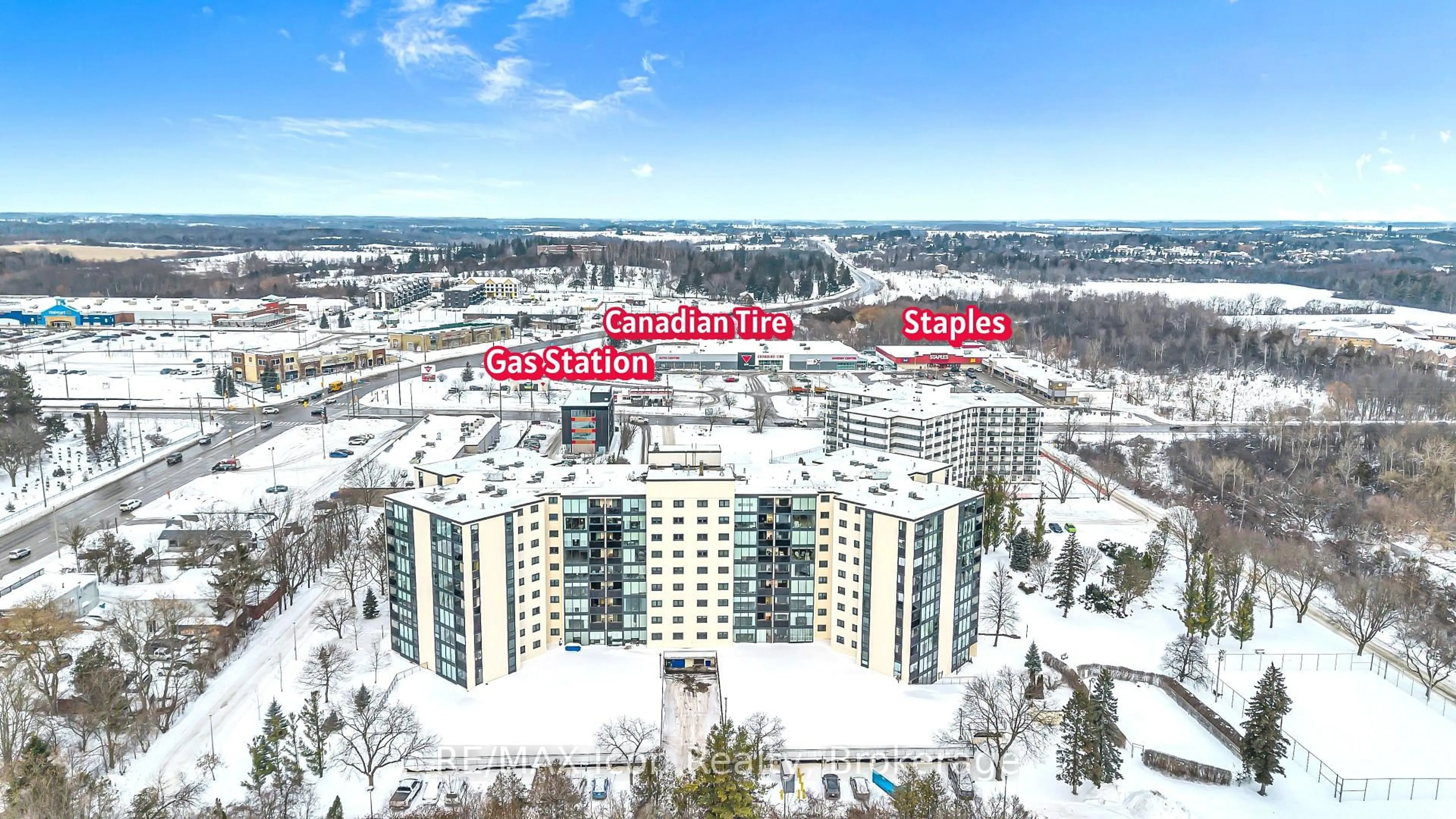 A pic from outside/outdoor area/front of a property/back of a property/a pic from drone, city buildings view from balcony for 19 Woodlawn Rd #303, Guelph Ontario N1H 7B1