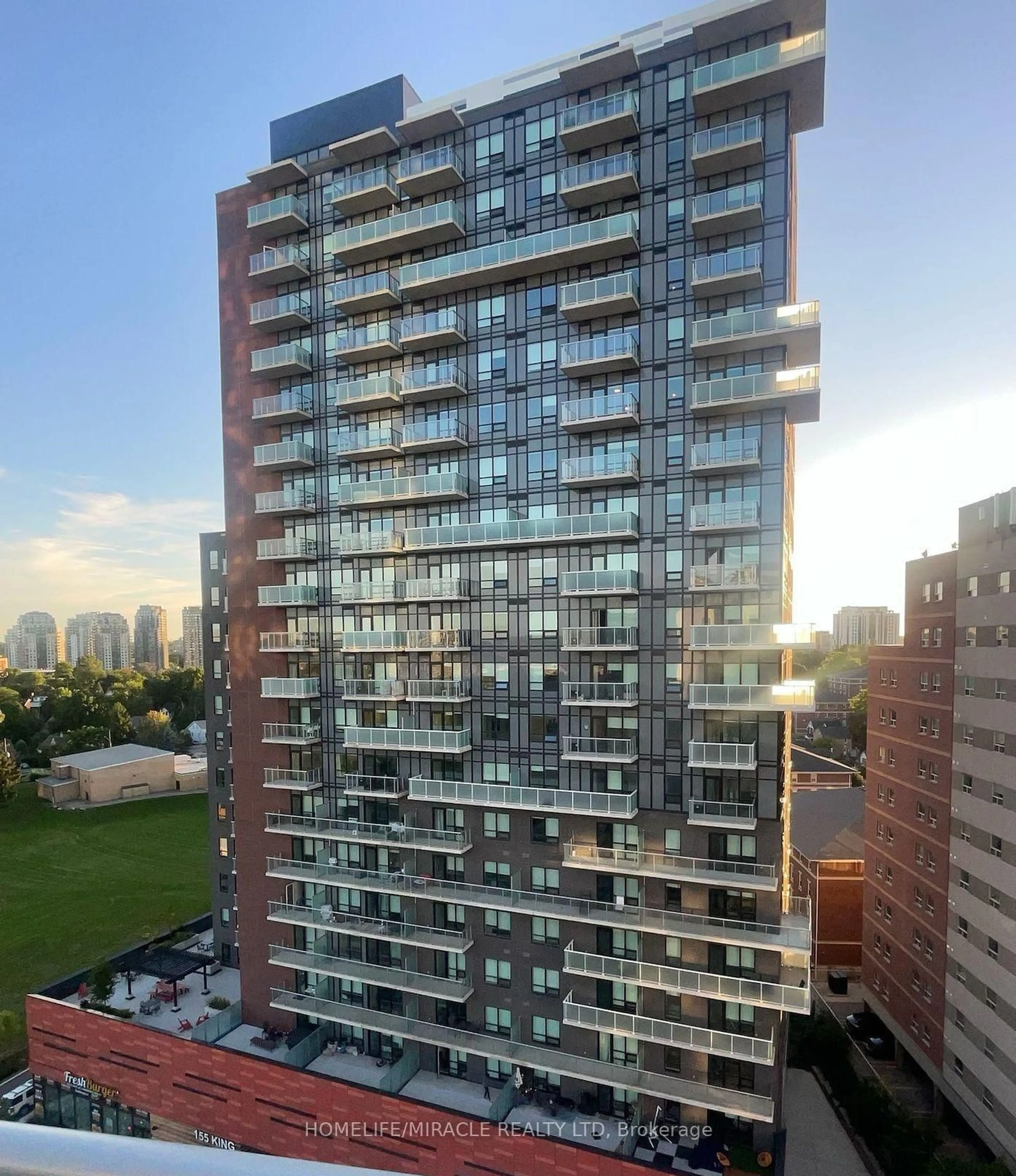 Balcony in the apartment, city buildings view from balcony for 158 King St #1206, Waterloo Ontario N2J 0E5