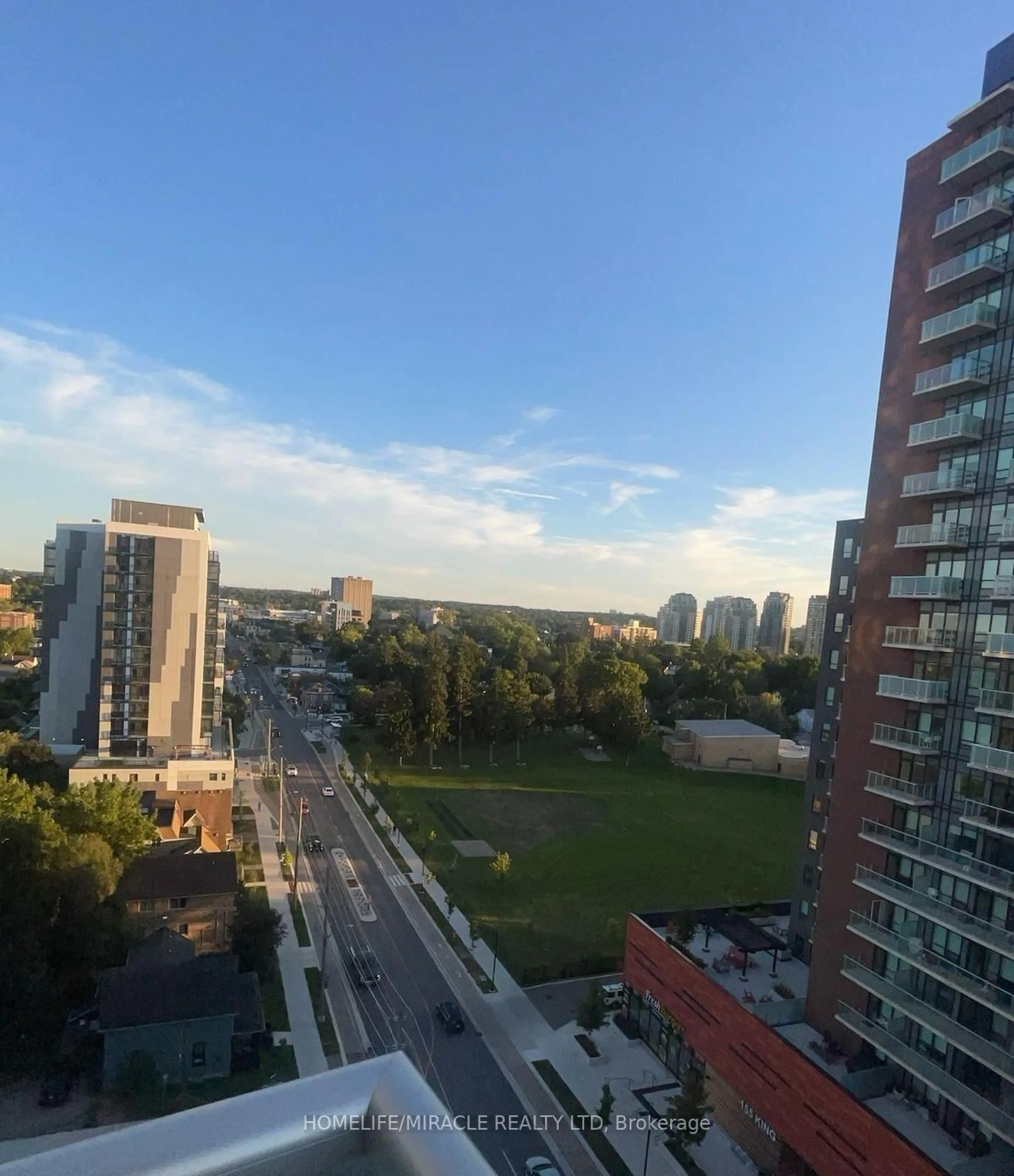 A pic from outside/outdoor area/front of a property/back of a property/a pic from drone, city buildings view from balcony for 158 King St #1206, Waterloo Ontario N2J 0E5