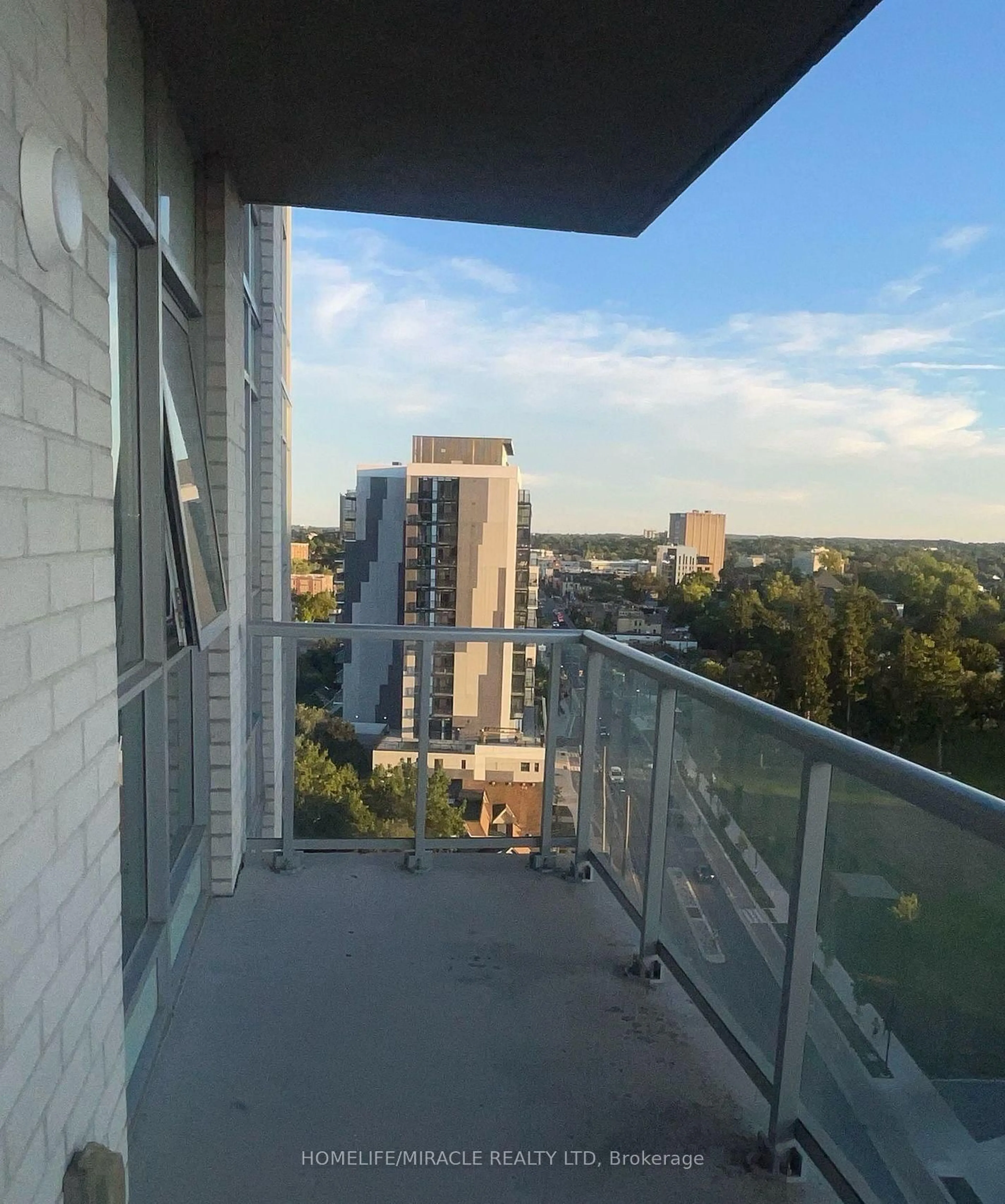 Balcony in the apartment, city buildings view from balcony for 158 King St #1206, Waterloo Ontario N2J 0E5