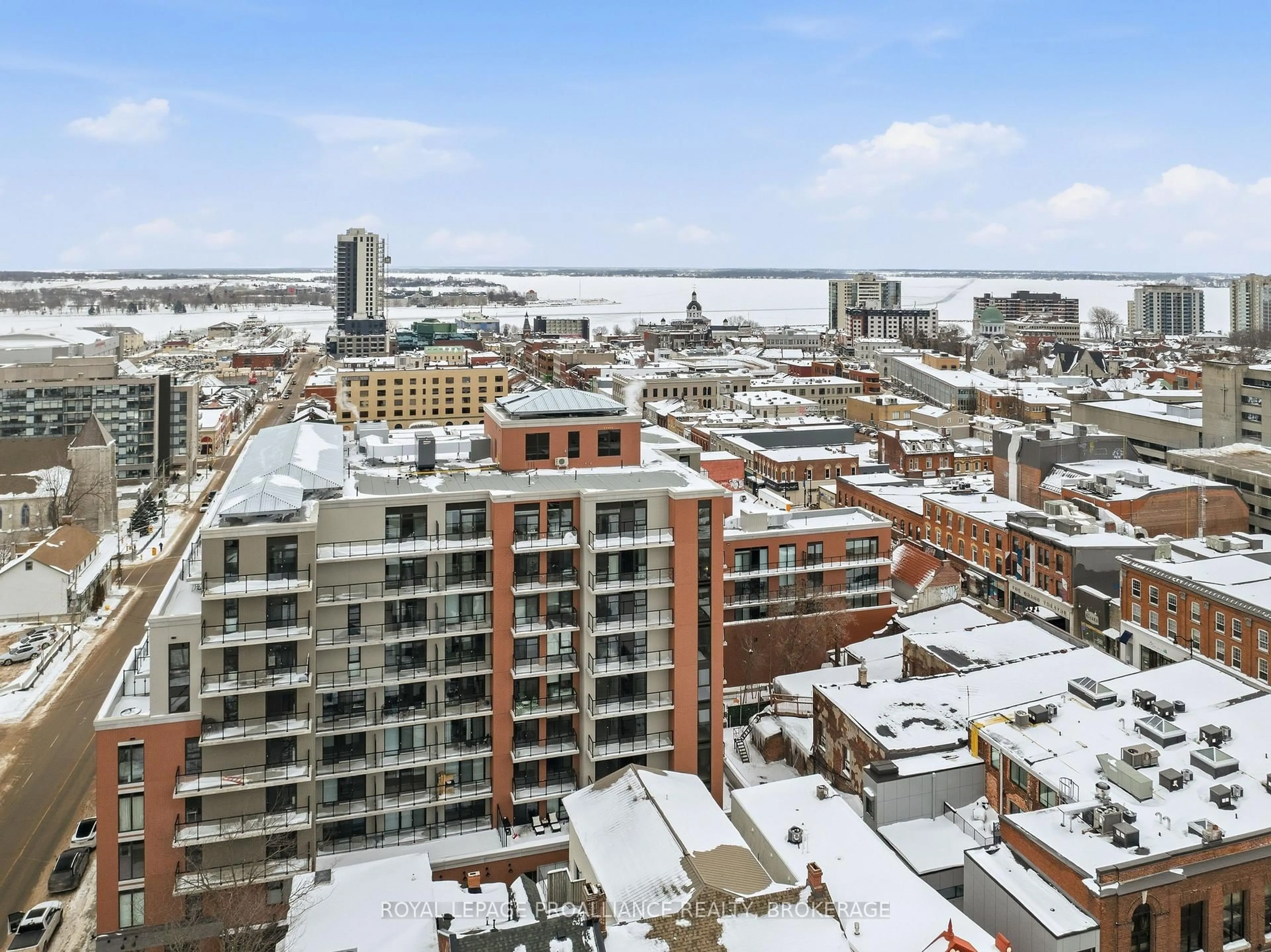 A pic from outside/outdoor area/front of a property/back of a property/a pic from drone, city buildings view from balcony for 223 Princess St #905, Kingston Ontario K7L 0H8
