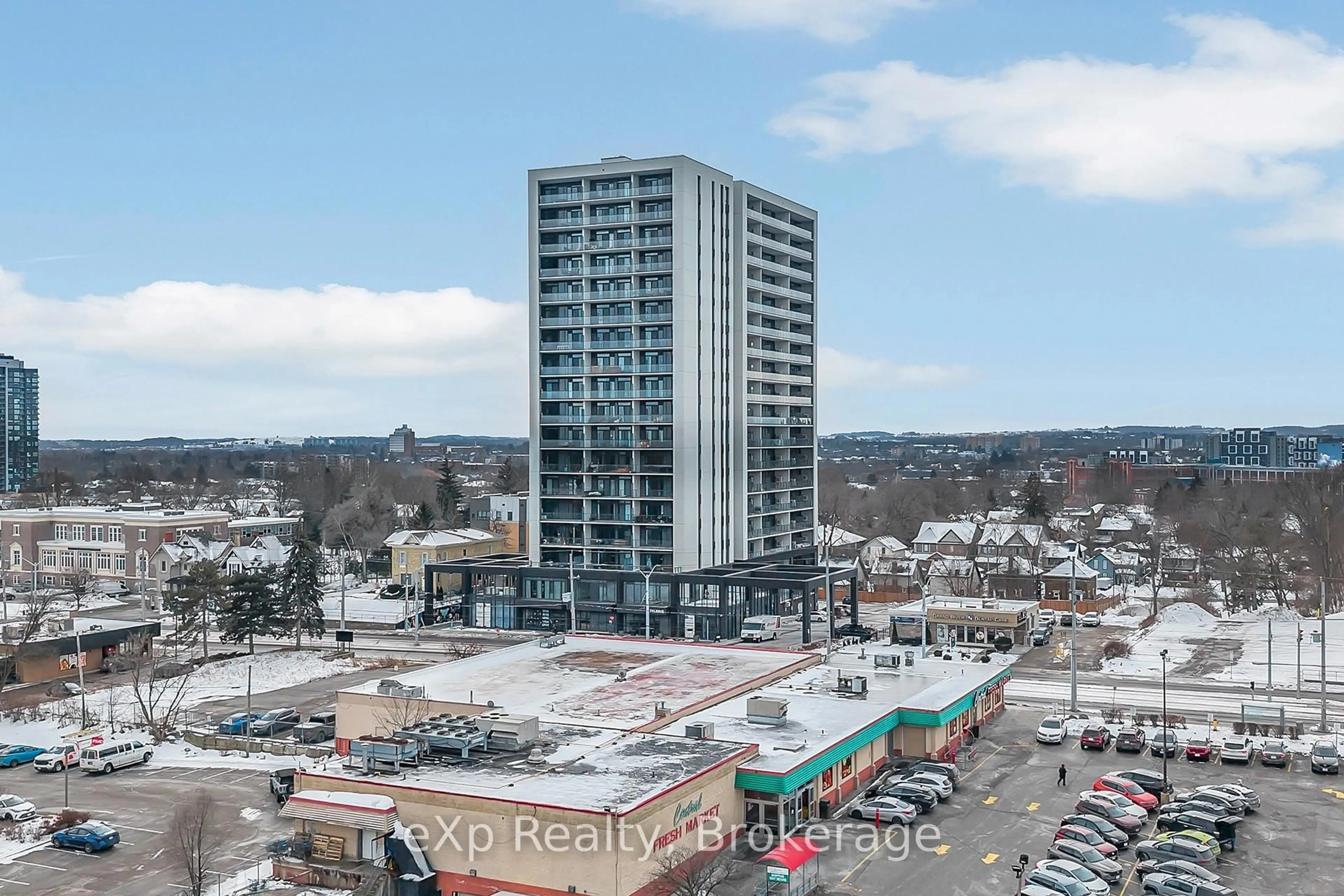A pic from outside/outdoor area/front of a property/back of a property/a pic from drone, city buildings view from balcony for 741 King St #306, Kitchener Ontario N2G 0E9