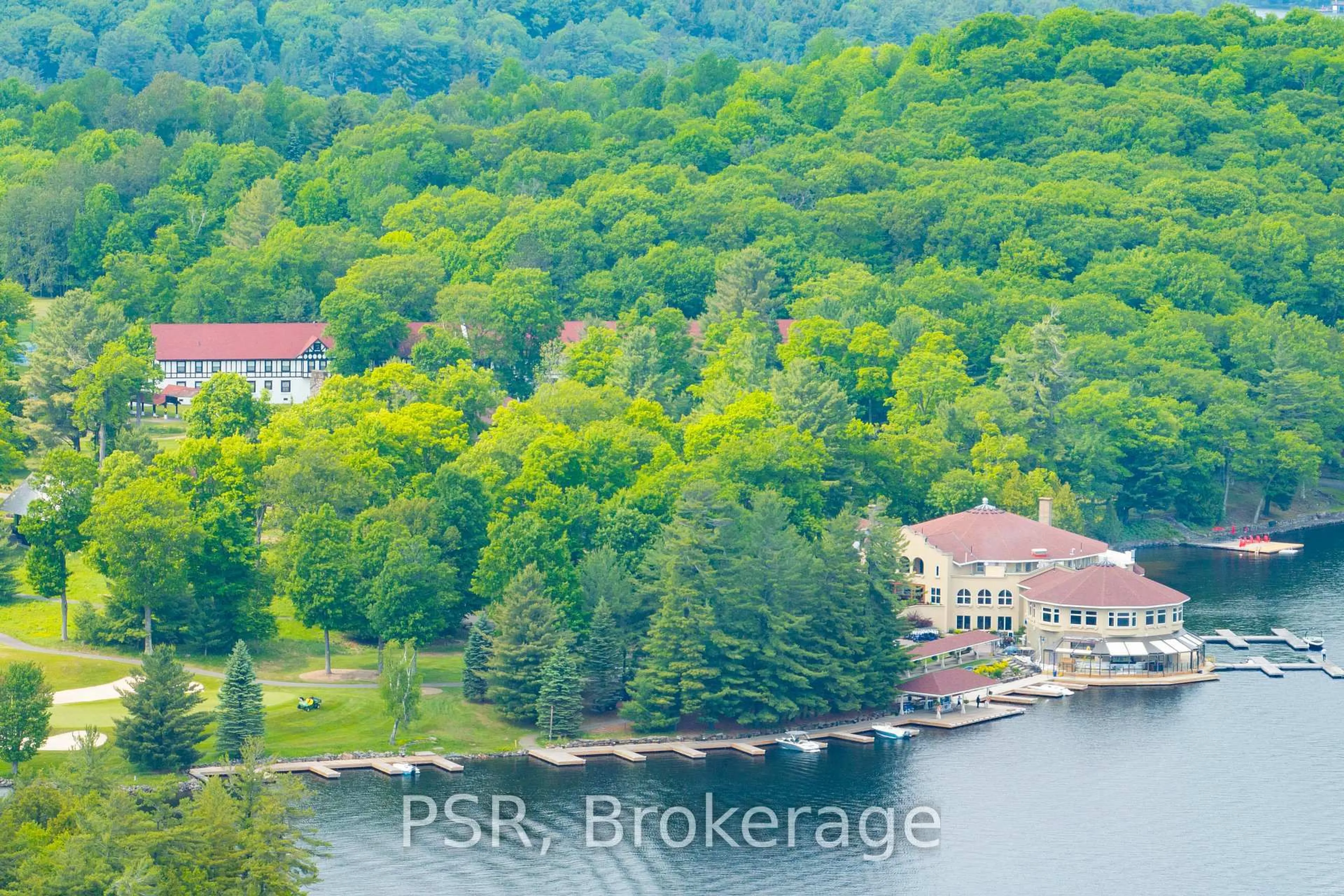 A pic from outside/outdoor area/front of a property/back of a property/a pic from drone, water/lake/river/ocean view for 12 Bigwin Island #221, Lake of Bays Ontario P0B 1A0