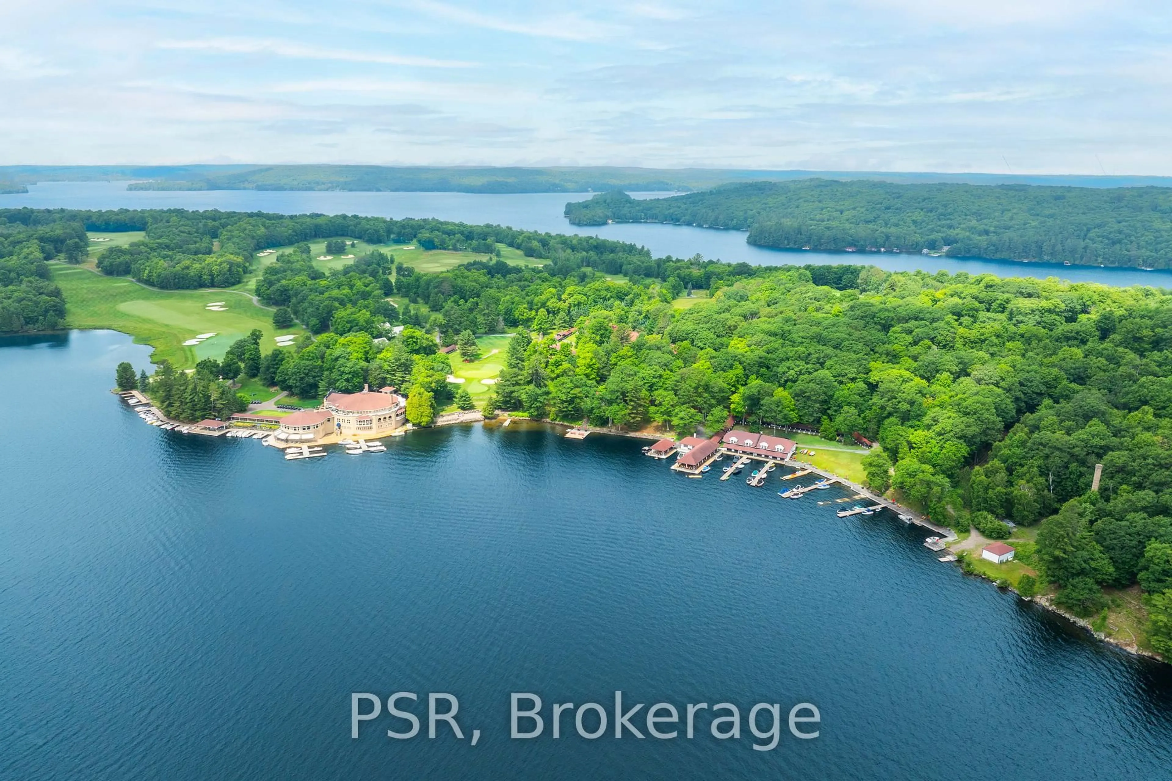 A pic from outside/outdoor area/front of a property/back of a property/a pic from drone, water/lake/river/ocean view for 12 Bigwin Island #221, Lake of Bays Ontario P0B 1A0