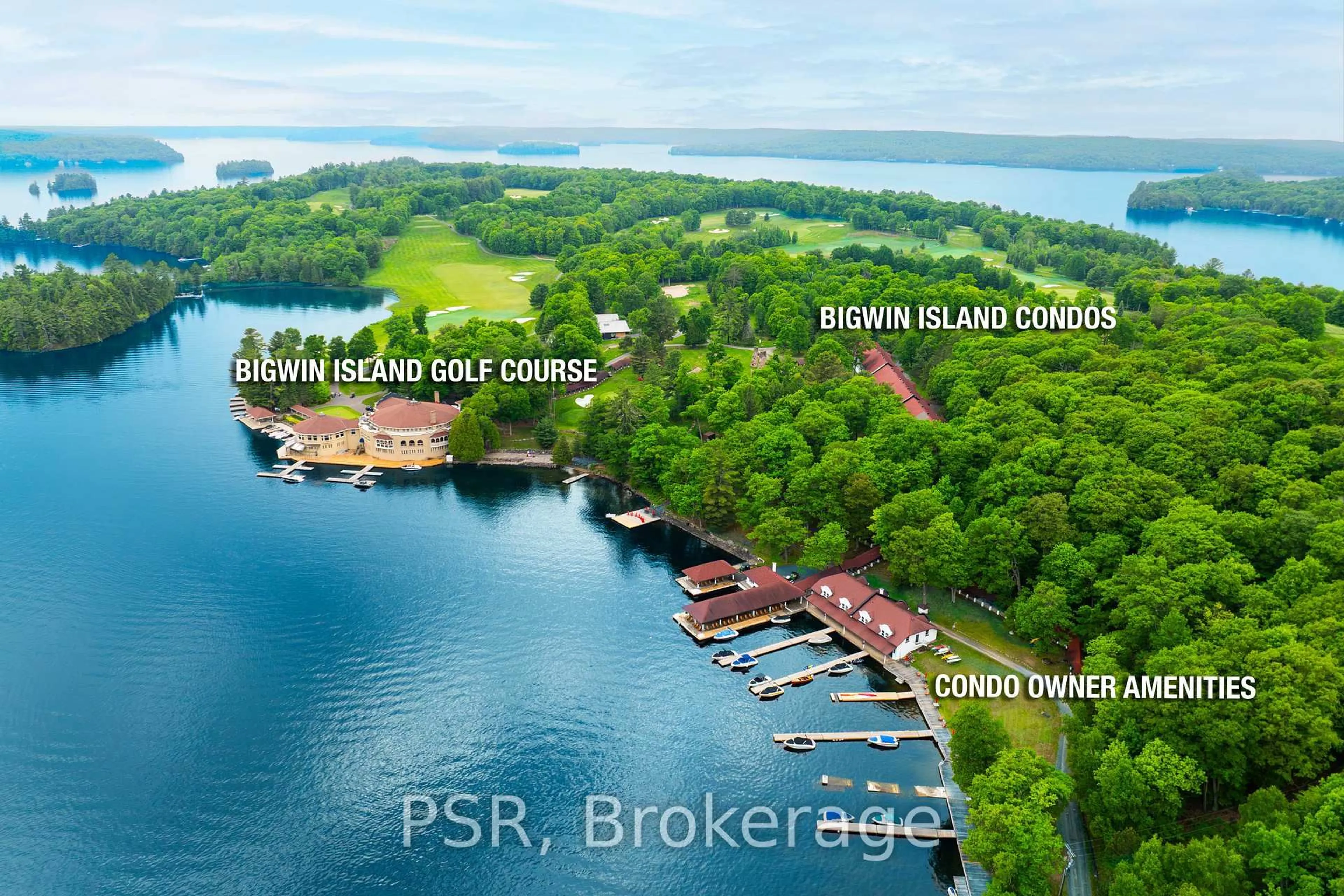 A pic from outside/outdoor area/front of a property/back of a property/a pic from drone, water/lake/river/ocean view for 12 Bigwin Island #221, Lake of Bays Ontario P0B 1A0