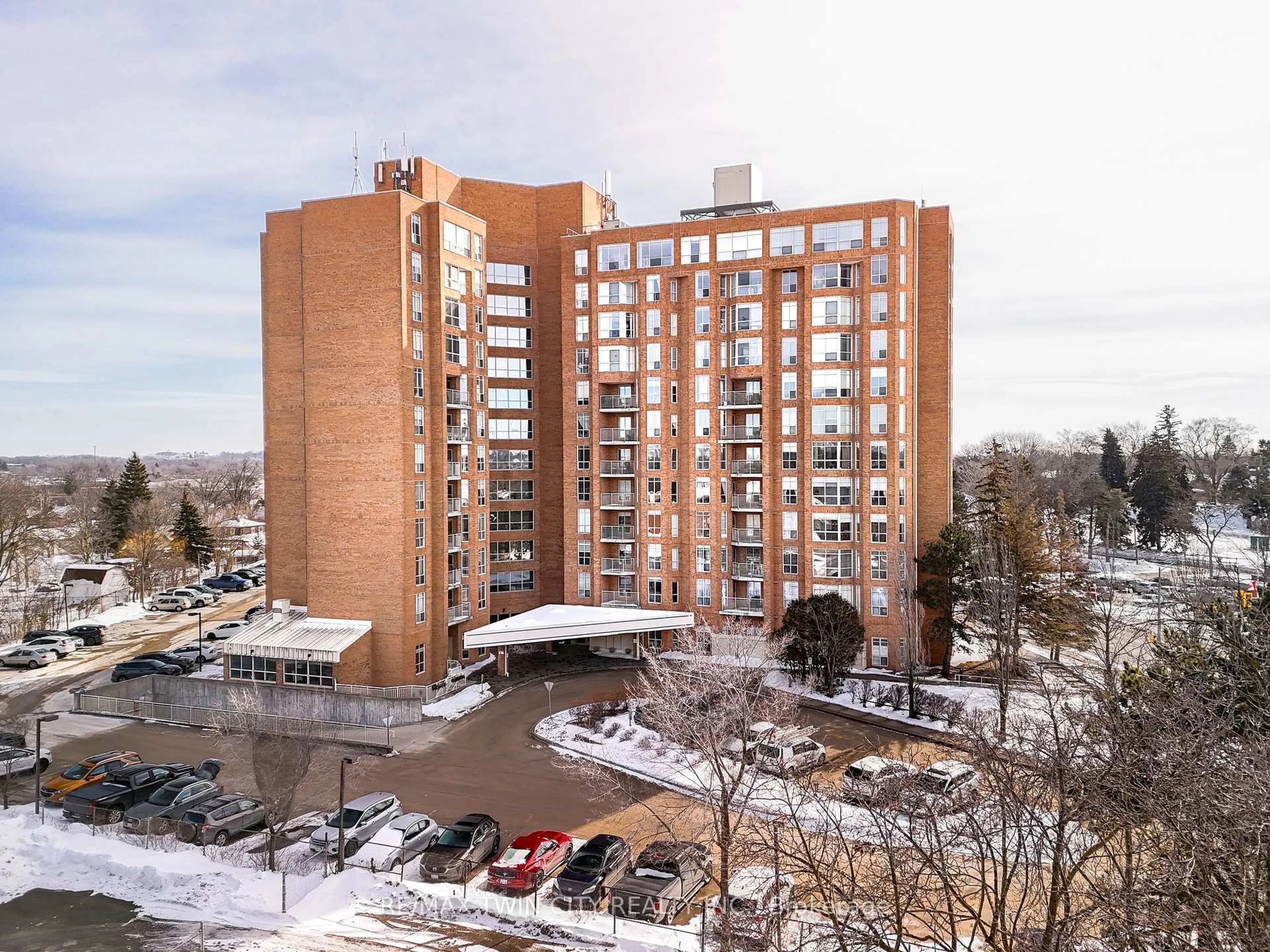 A pic from outside/outdoor area/front of a property/back of a property/a pic from drone, city buildings view from balcony for 1414 King St #308, Kitchener Ontario N2G 4T8