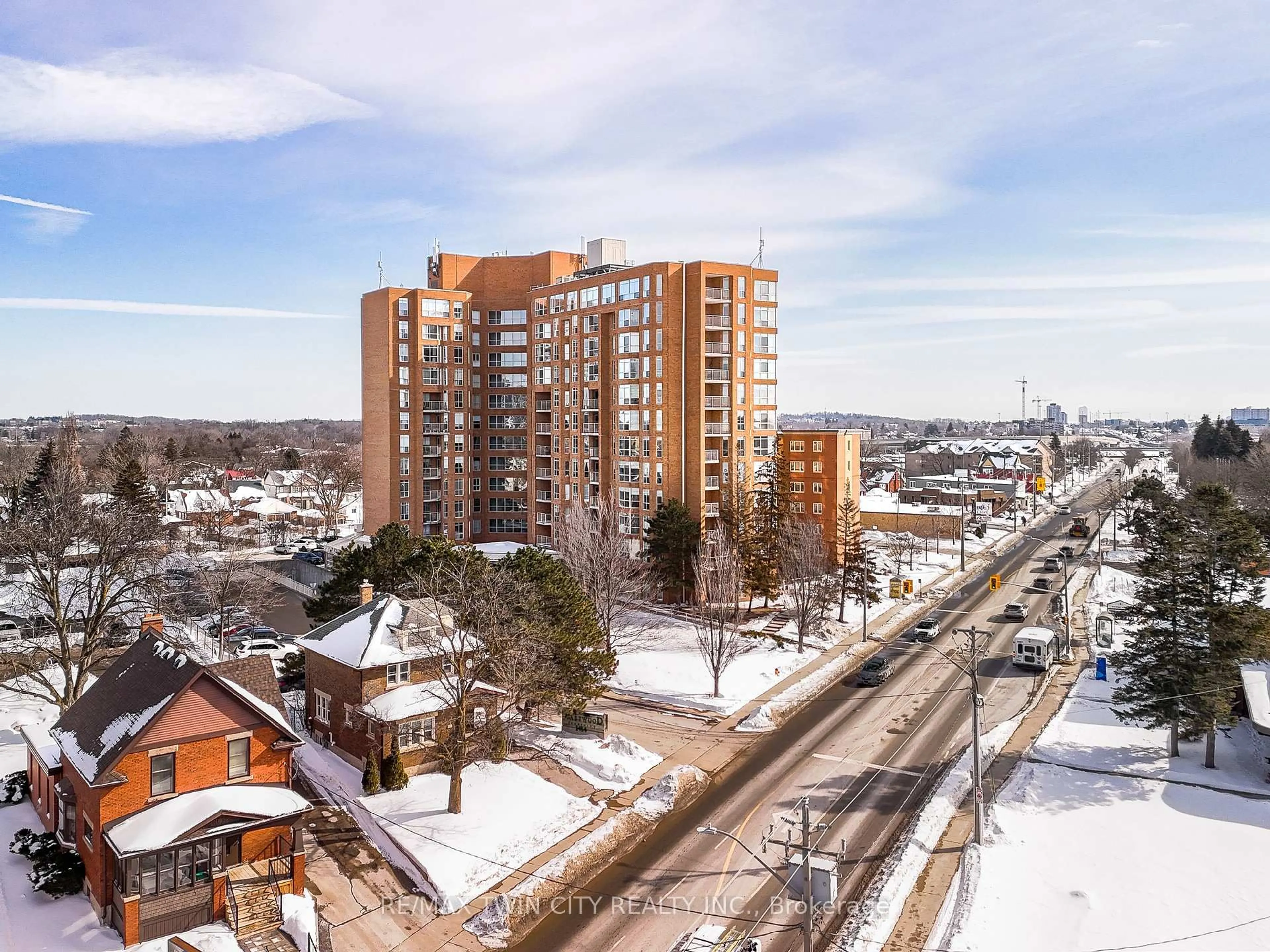 A pic from outside/outdoor area/front of a property/back of a property/a pic from drone, city buildings view from balcony for 1414 King St #308, Kitchener Ontario N2G 4T8