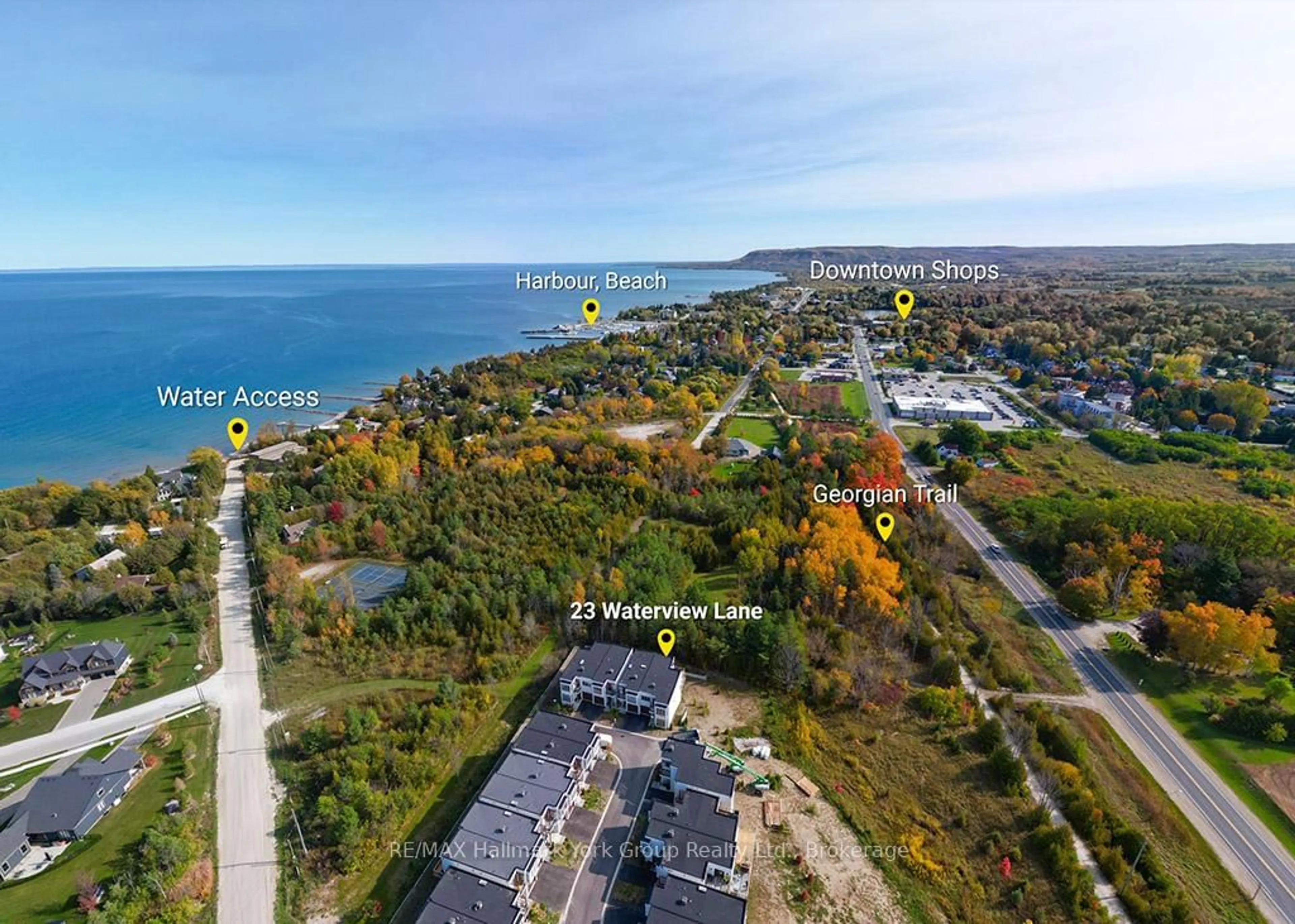 A pic from outside/outdoor area/front of a property/back of a property/a pic from drone, water/lake/river/ocean view for 23 Waterview Lane, Blue Mountains Ontario N0H 2P0