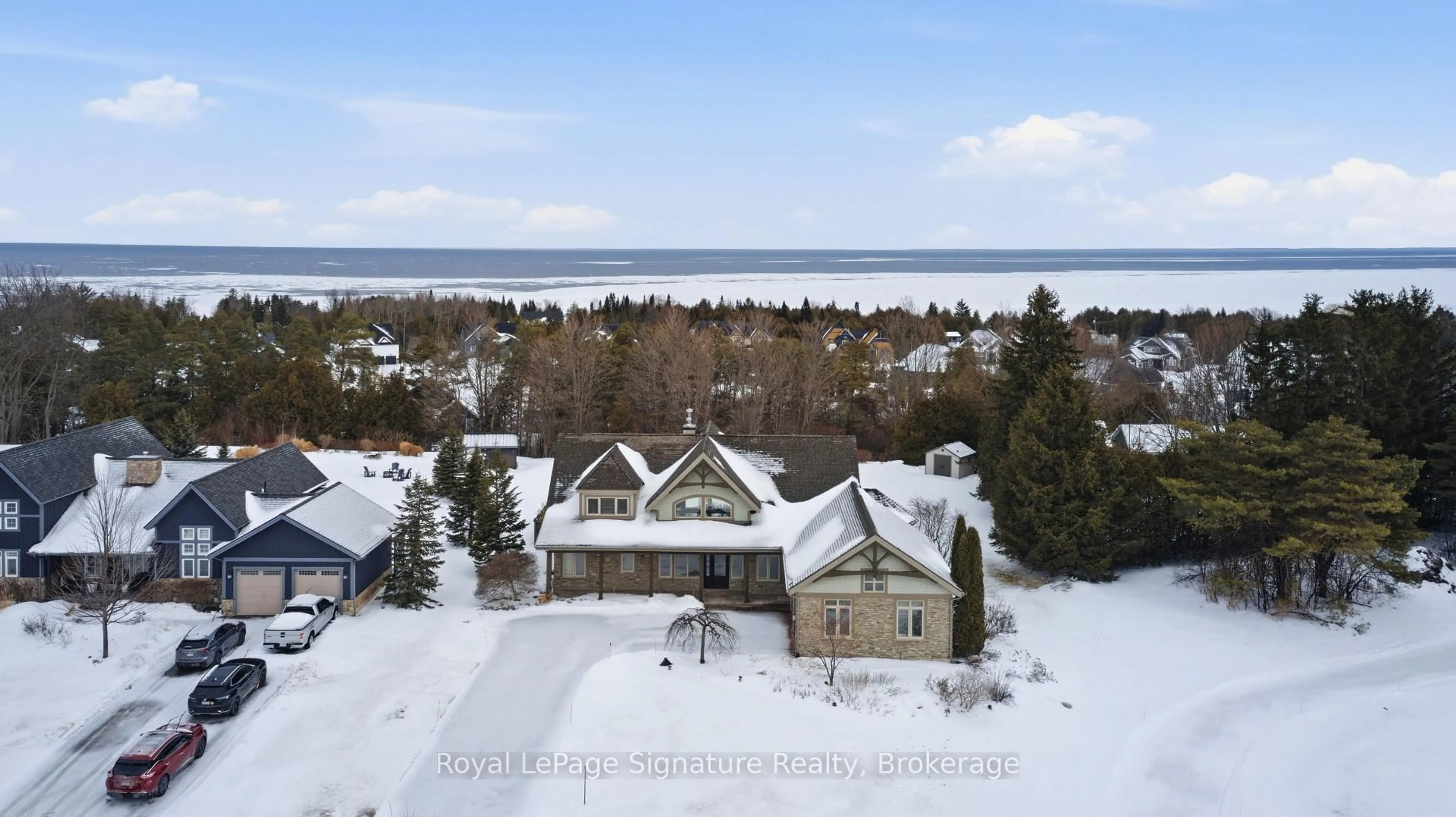A pic from outside/outdoor area/front of a property/back of a property/a pic from drone, water/lake/river/ocean view for 176 High Bluff Lane, Blue Mountains Ontario N0H 2P0