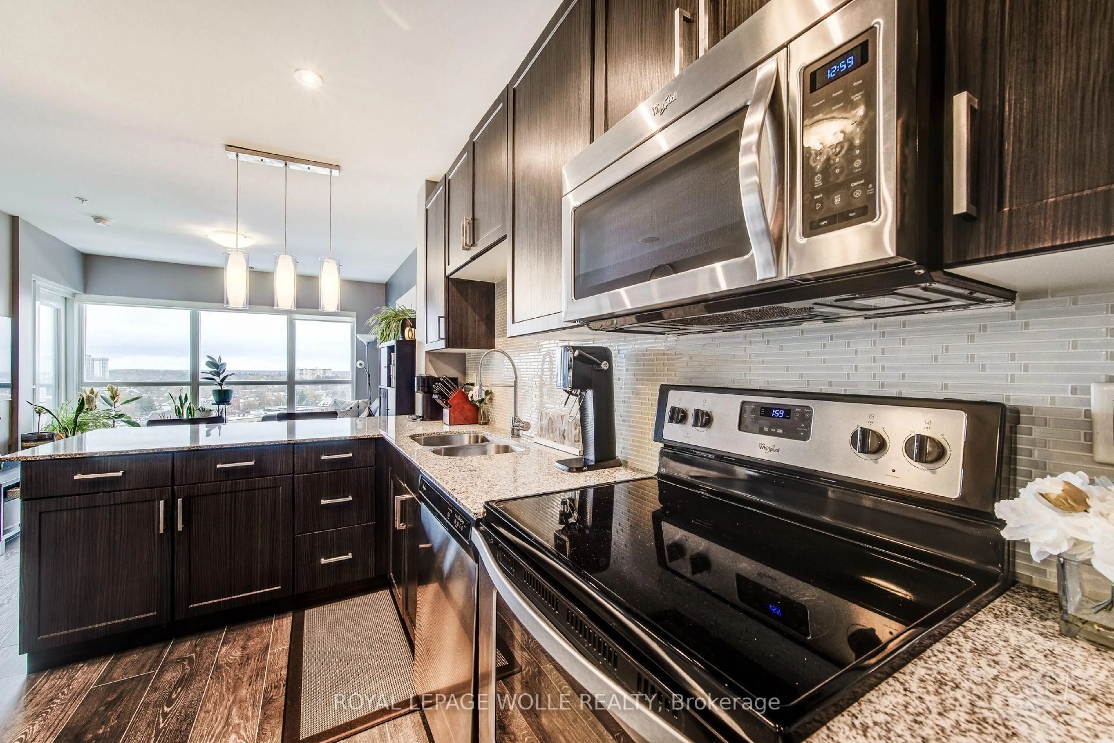 Contemporary kitchen, ceramic/tile floor for 1 Victoria St #1310, Kitchener Ontario N2G 0B5