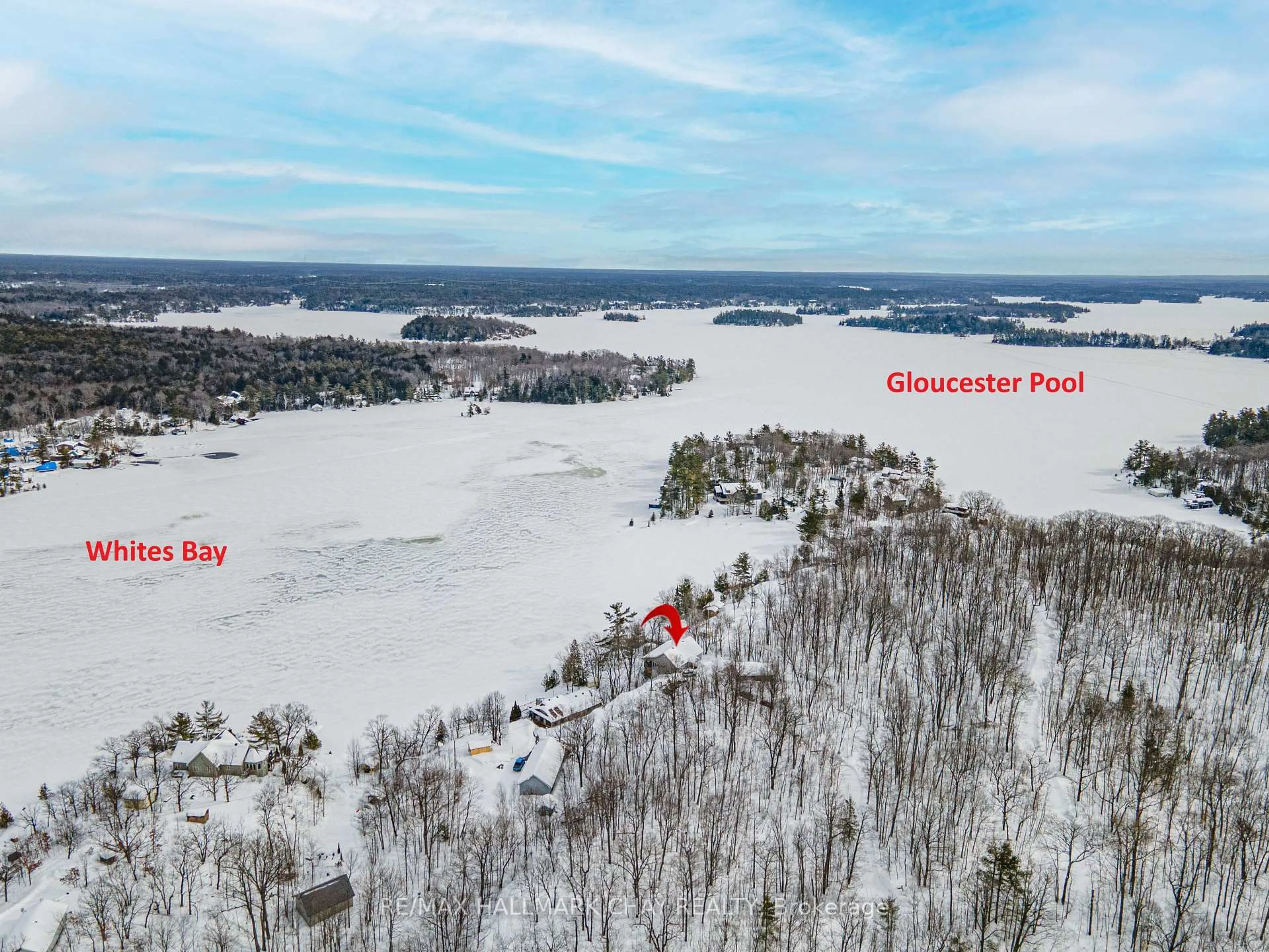 A pic from outside/outdoor area/front of a property/back of a property/a pic from drone, water/lake/river/ocean view for 137 Pickerel Point Rd, Georgian Bay Ontario L0K 1S0