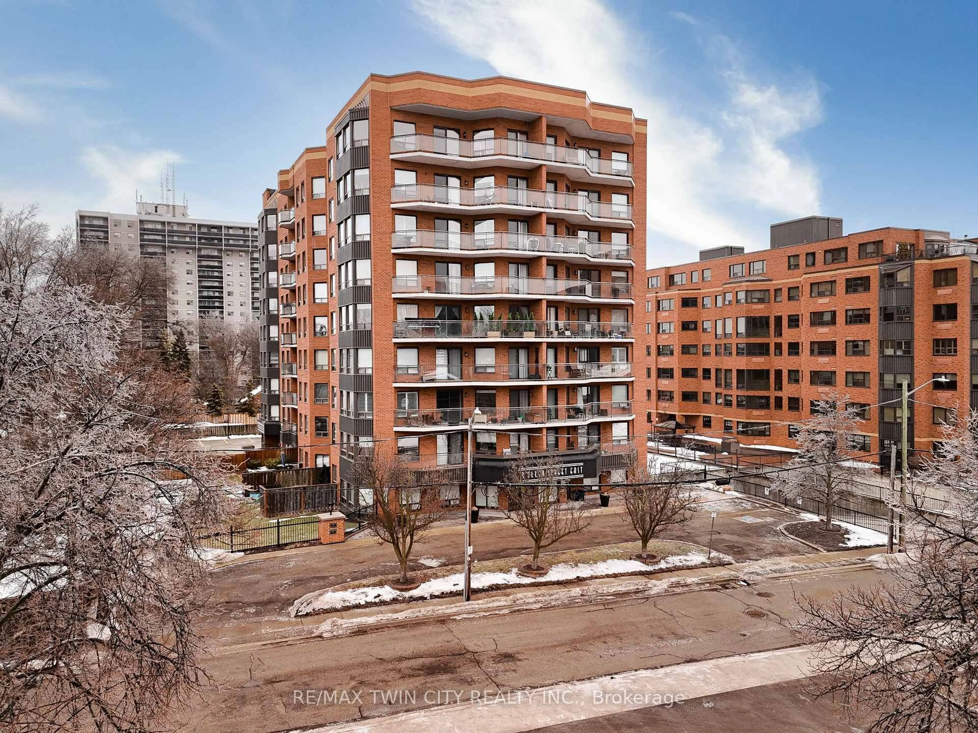 A pic from outside/outdoor area/front of a property/back of a property/a pic from drone, city buildings view from balcony for 10 Ellen St #107, Kitchener Ontario N2H 6R8
