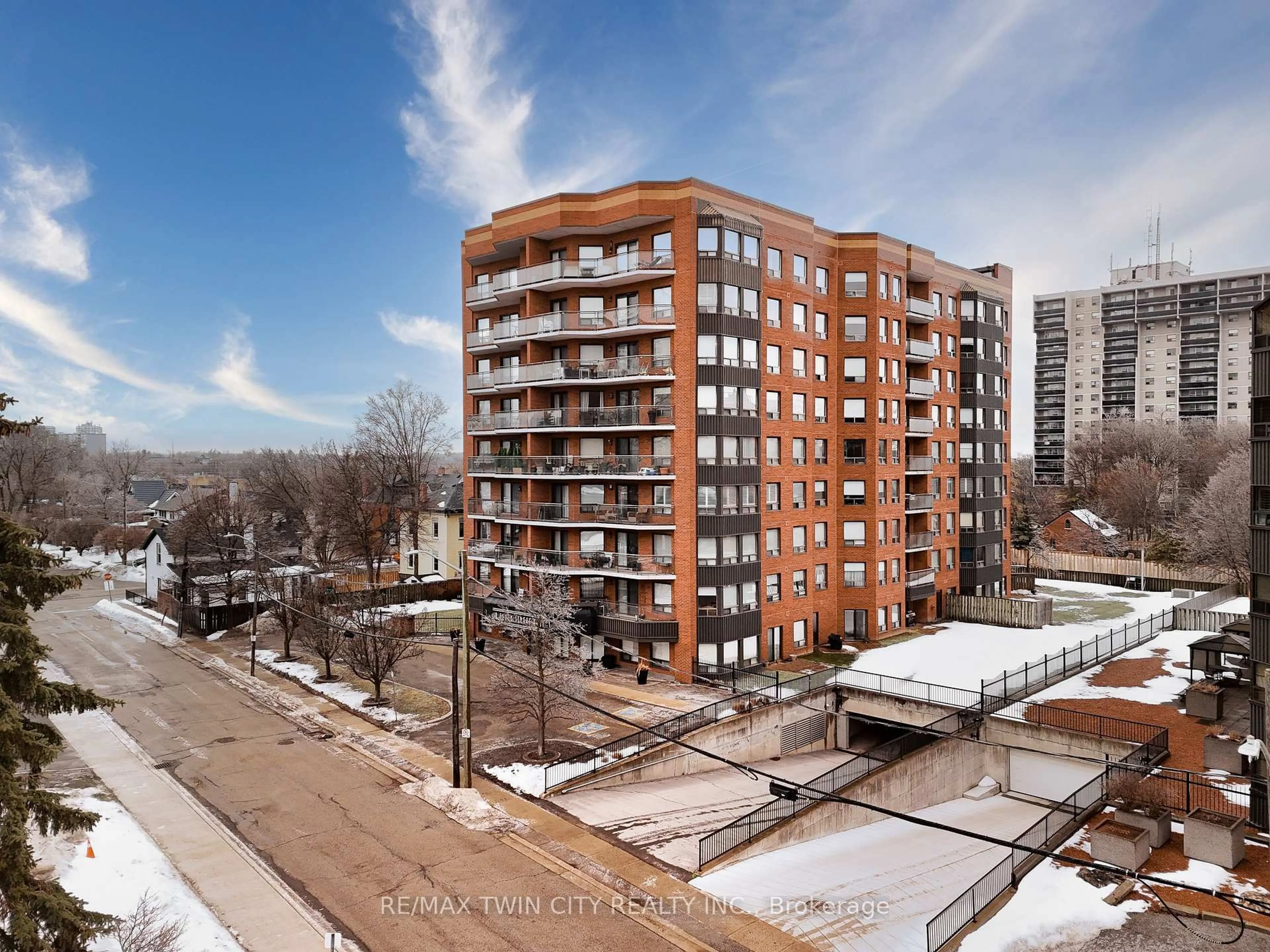 A pic from outside/outdoor area/front of a property/back of a property/a pic from drone, city buildings view from balcony for 10 Ellen St #107, Kitchener Ontario N2H 6R8