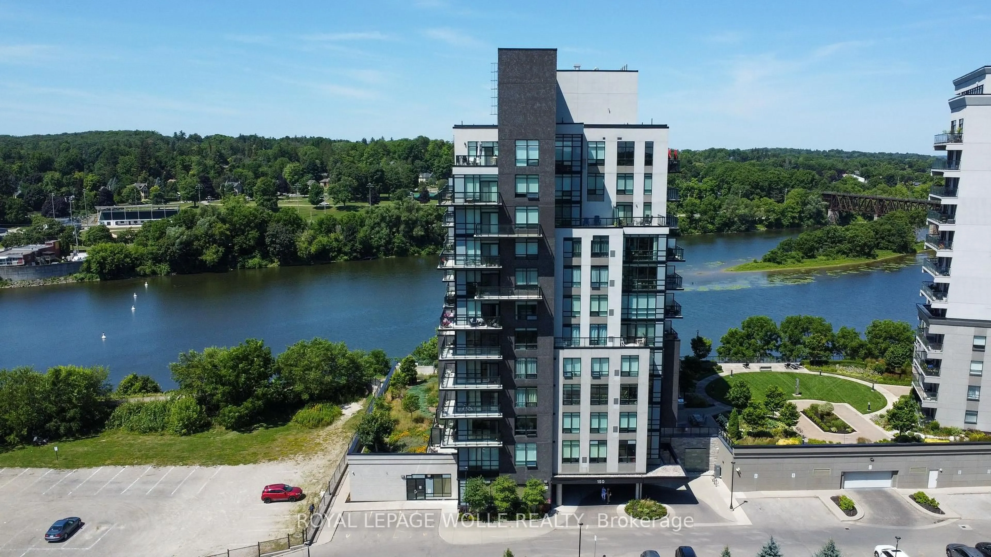 A pic from outside/outdoor area/front of a property/back of a property/a pic from drone, water/lake/river/ocean view for 150 Water St #1007, Cambridge Ontario N1R 0B5