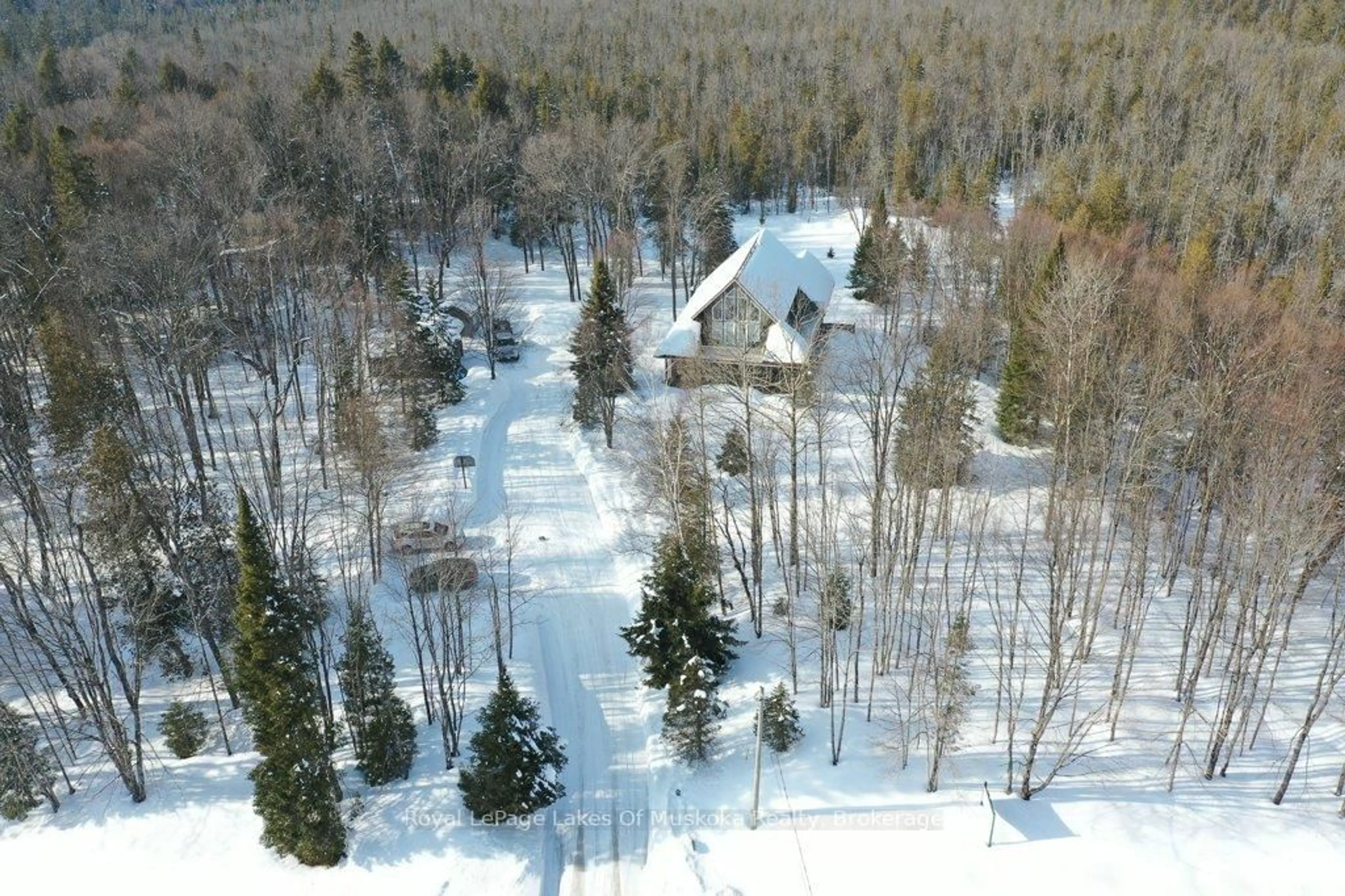 A pic from outside/outdoor area/front of a property/back of a property/a pic from drone, forest/trees view for 2411 Hwy. 118 E. Highway, Bracebridge Ontario P1L 1X1
