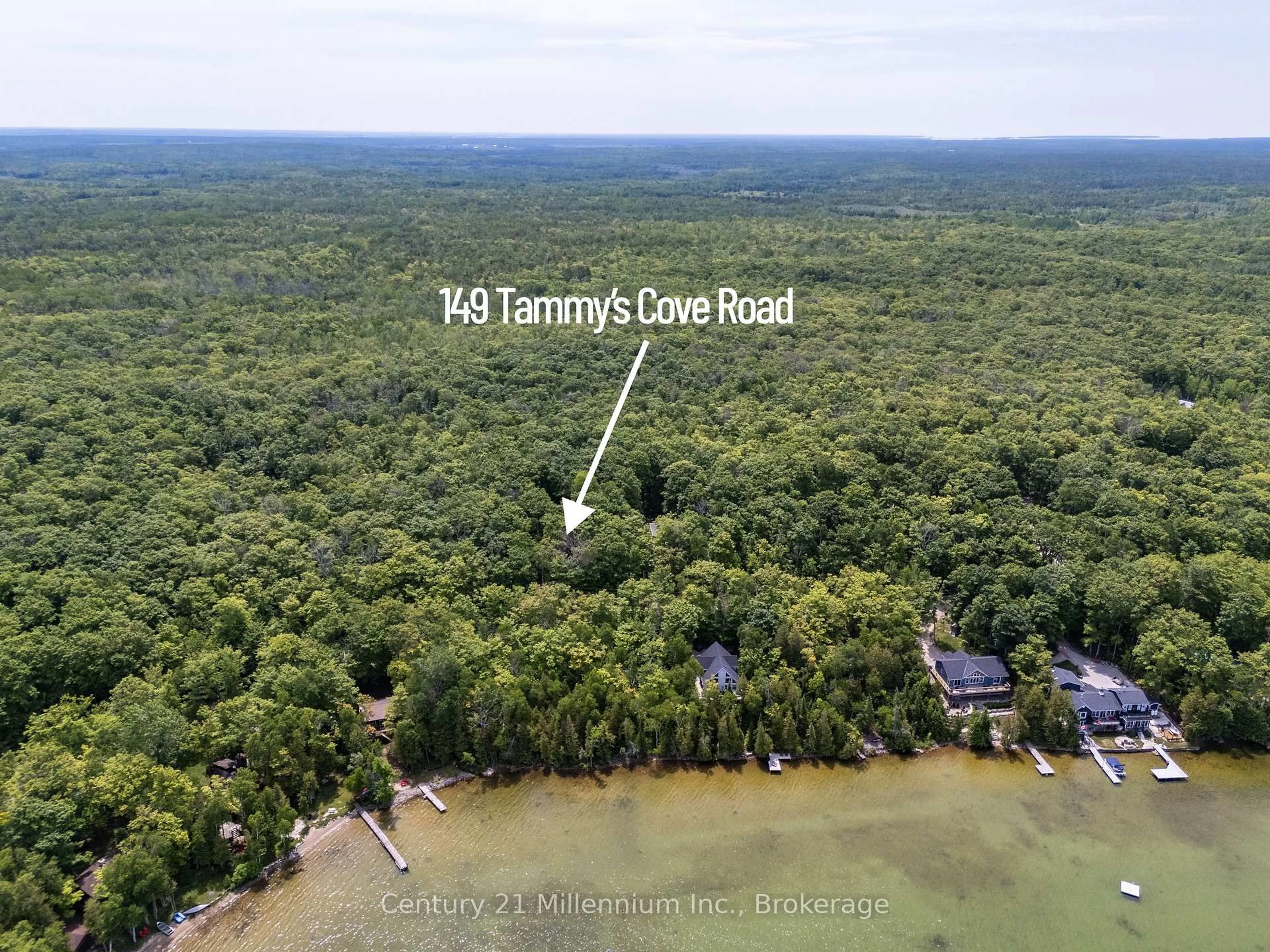 A pic from outside/outdoor area/front of a property/back of a property/a pic from drone, forest/trees view for 149 Tammy's Cove Rd, Northern Bruce Peninsula Ontario N0H 1W0