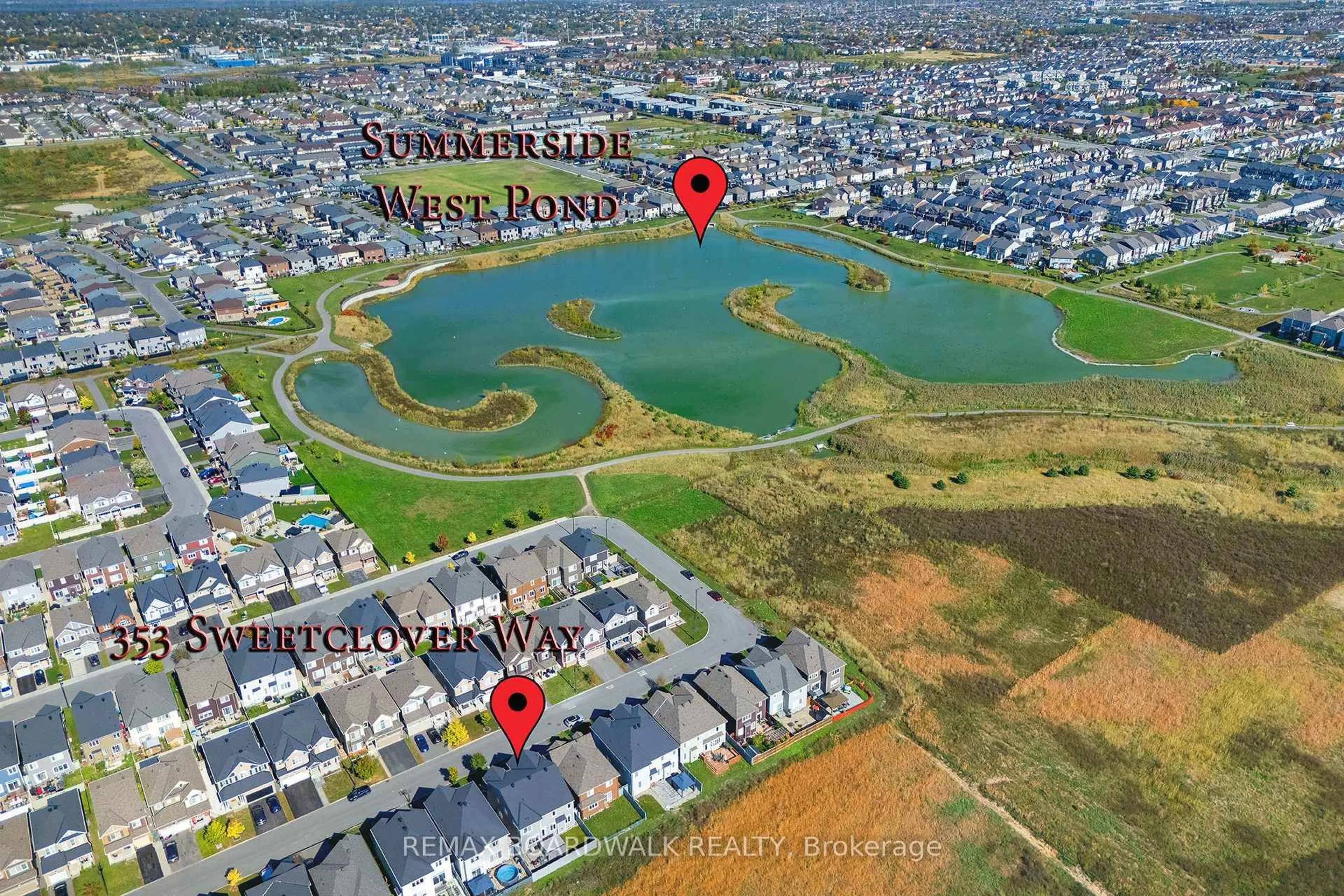 A pic from outside/outdoor area/front of a property/back of a property/a pic from drone, water/lake/river/ocean view for 353 Sweetclover Way, Ottawa Ontario K4A 1E6