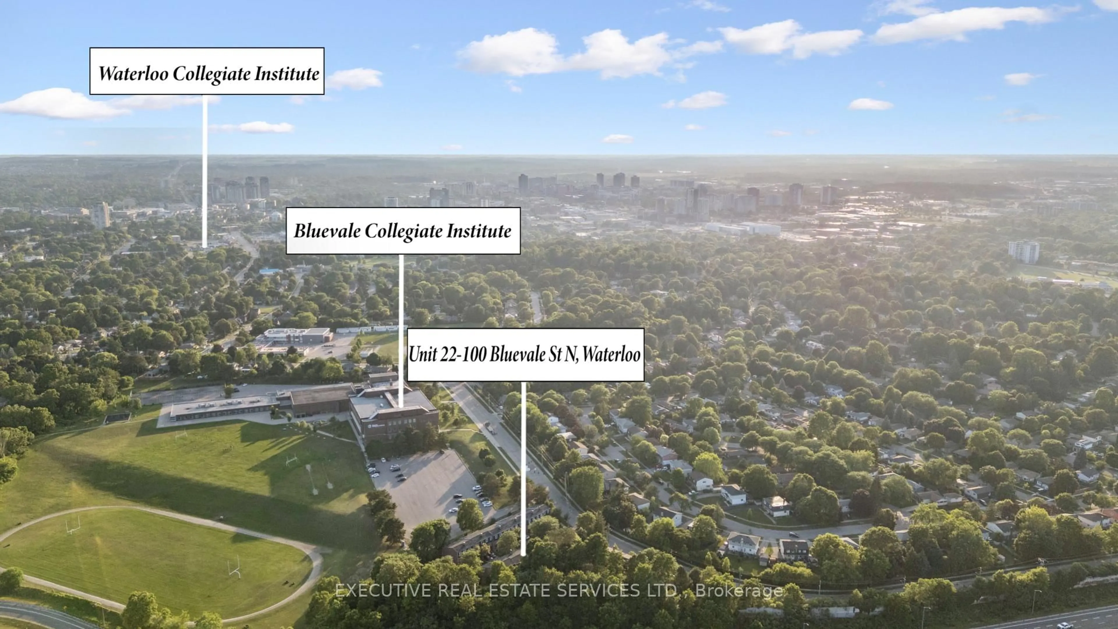 A pic from outside/outdoor area/front of a property/back of a property/a pic from drone, city buildings view from balcony for 100 Bluevale St #22, Waterloo Ontario N2J 4M9