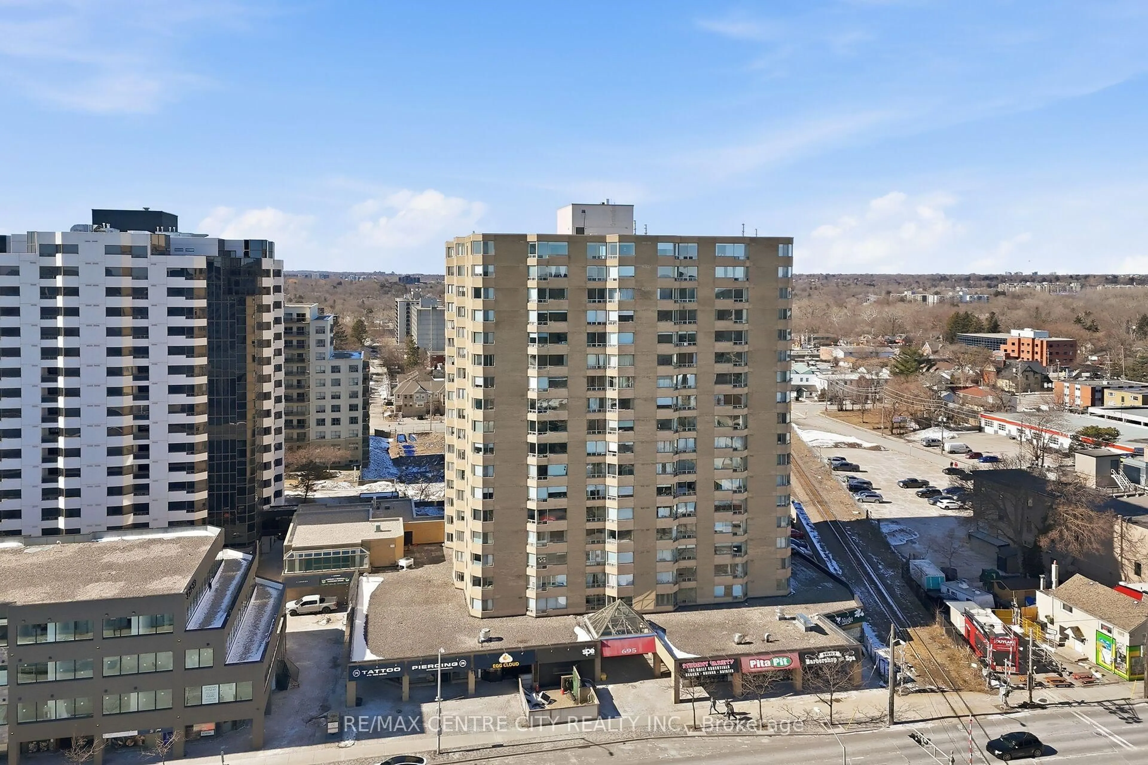 A pic from outside/outdoor area/front of a property/back of a property/a pic from drone, city buildings view from balcony for 695 Richmond St #1503, London East Ontario N6A 5M8