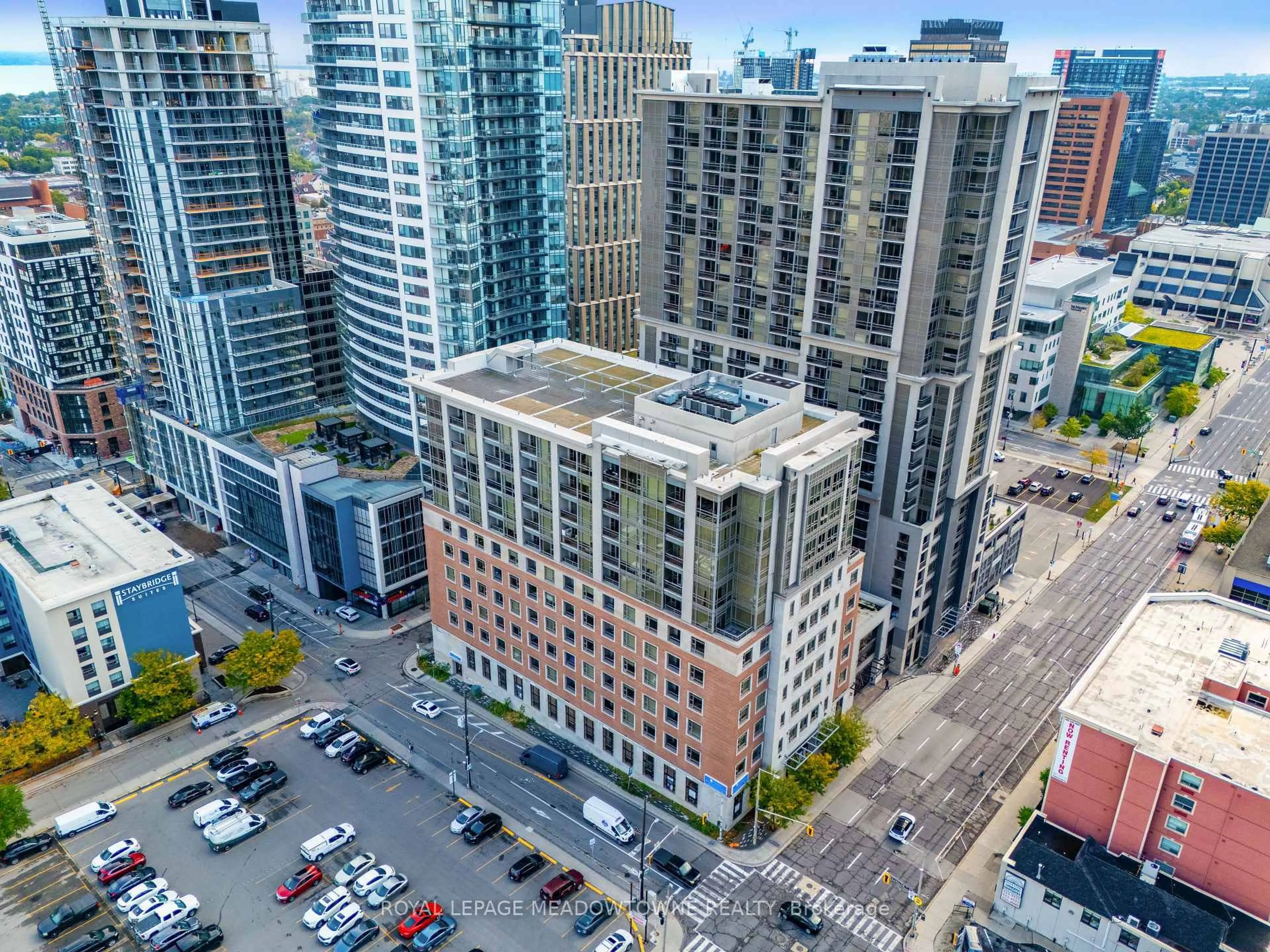 A pic from outside/outdoor area/front of a property/back of a property/a pic from drone, city buildings view from balcony for 150 Main St #505, Hamilton Ontario L8P 1H8