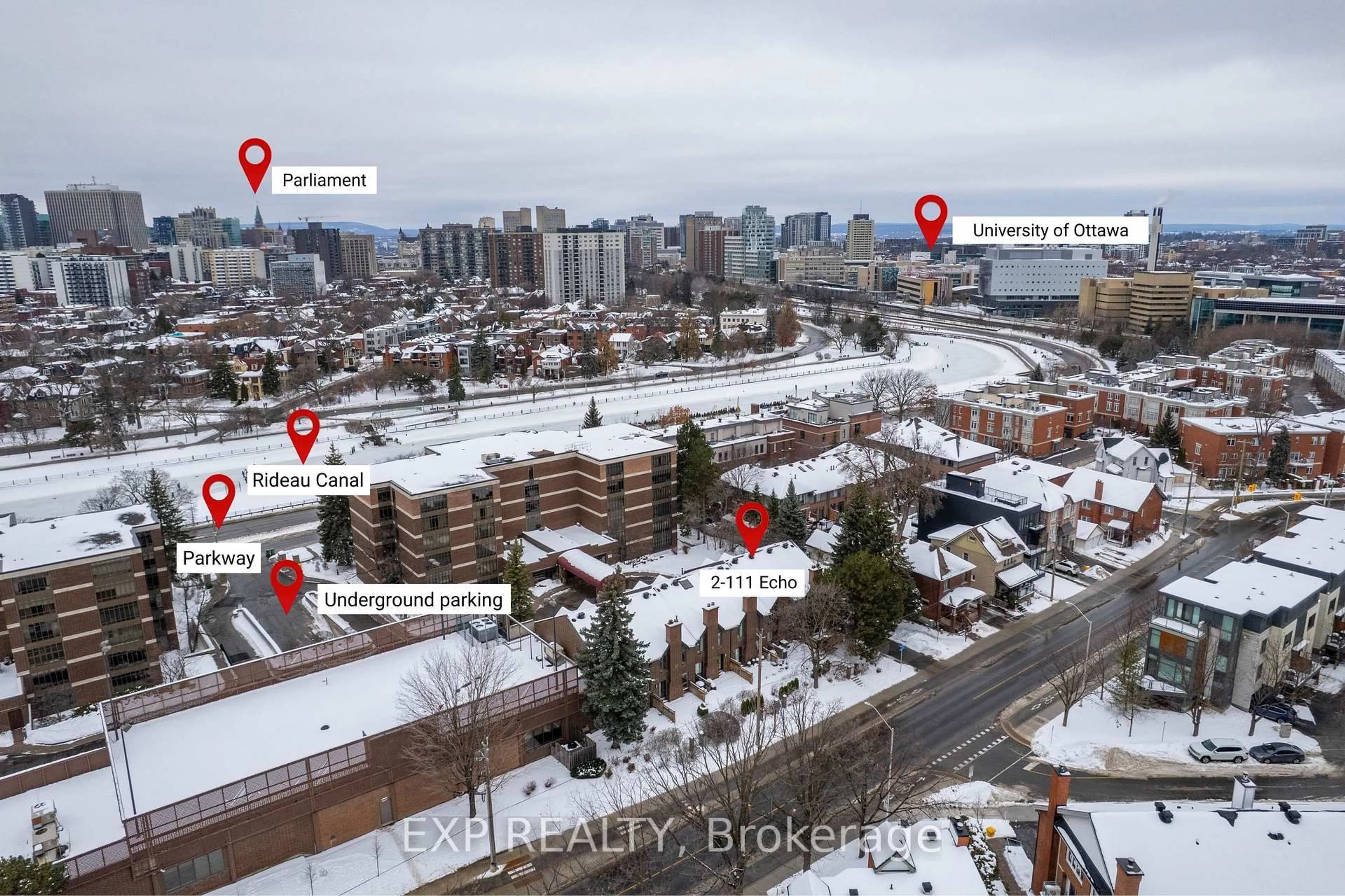A pic from outside/outdoor area/front of a property/back of a property/a pic from drone, city buildings view from balcony for 111 Echo Dr #2, Ottawa Ontario K1S 5K8