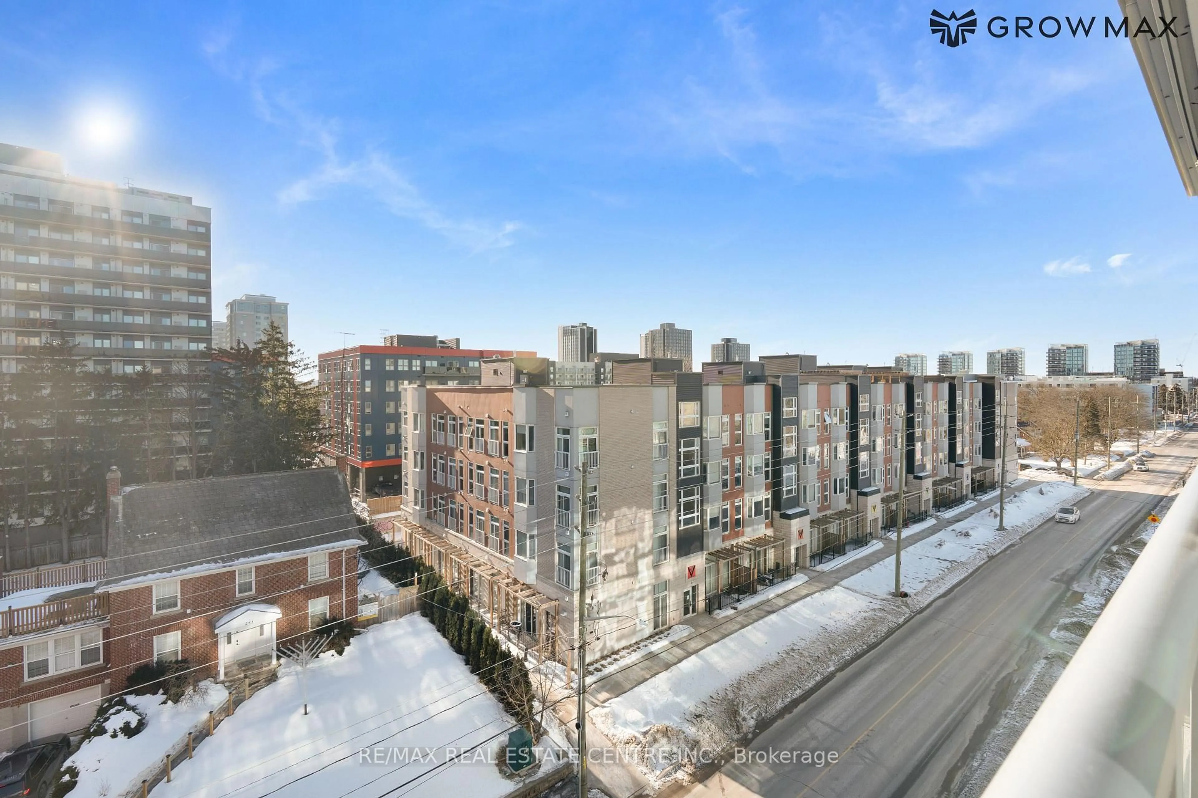 A pic from outside/outdoor area/front of a property/back of a property/a pic from drone, city buildings view from balcony for 250 Albert St #716, Waterloo Ontario N2L 0H5