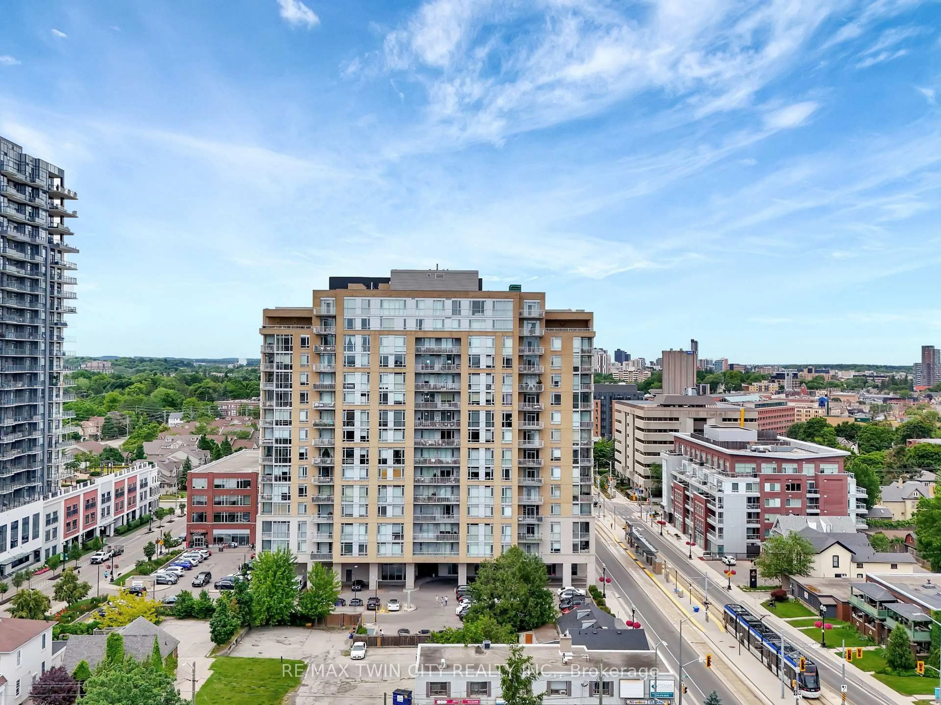 A pic from outside/outdoor area/front of a property/back of a property/a pic from drone, city buildings view from balcony for 191 King St #201, Waterloo Ontario N2J 1R1