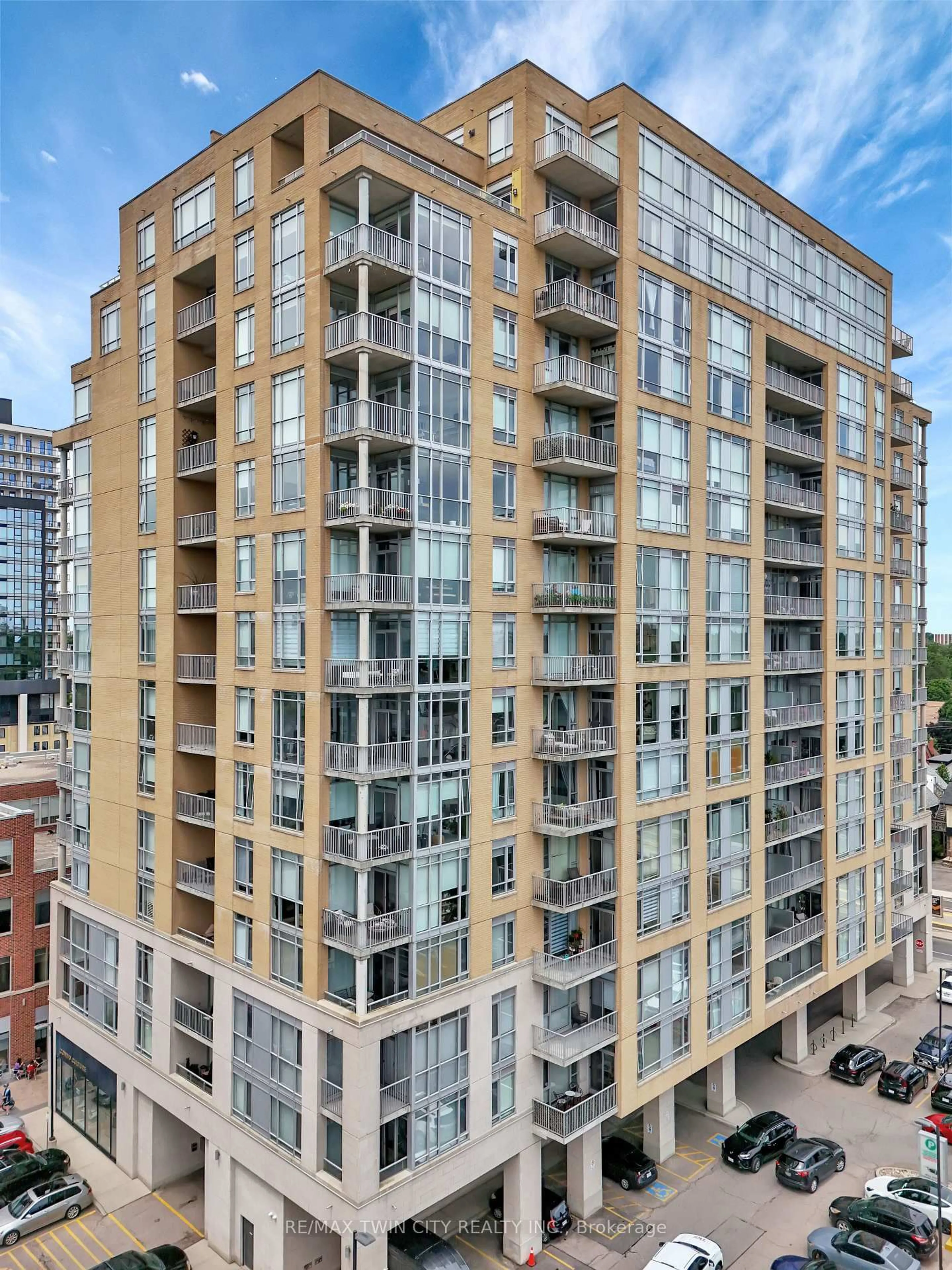 A pic from outside/outdoor area/front of a property/back of a property/a pic from drone, city buildings view from balcony for 191 King St #201, Waterloo Ontario N2J 1R1