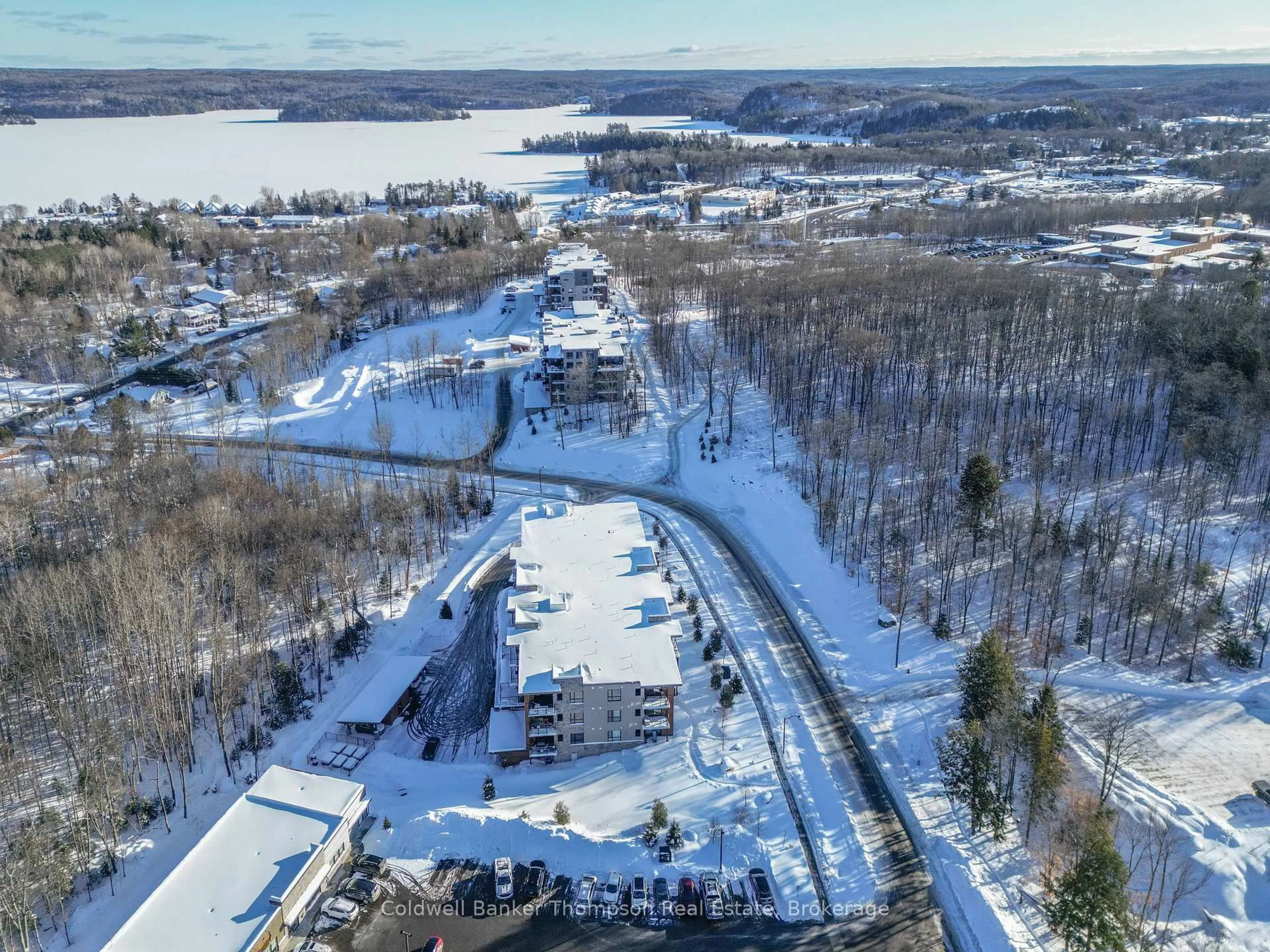 A pic from outside/outdoor area/front of a property/back of a property/a pic from drone, water/lake/river/ocean view for 23 Campus Tr #202, Huntsville Ontario P1H 0G1