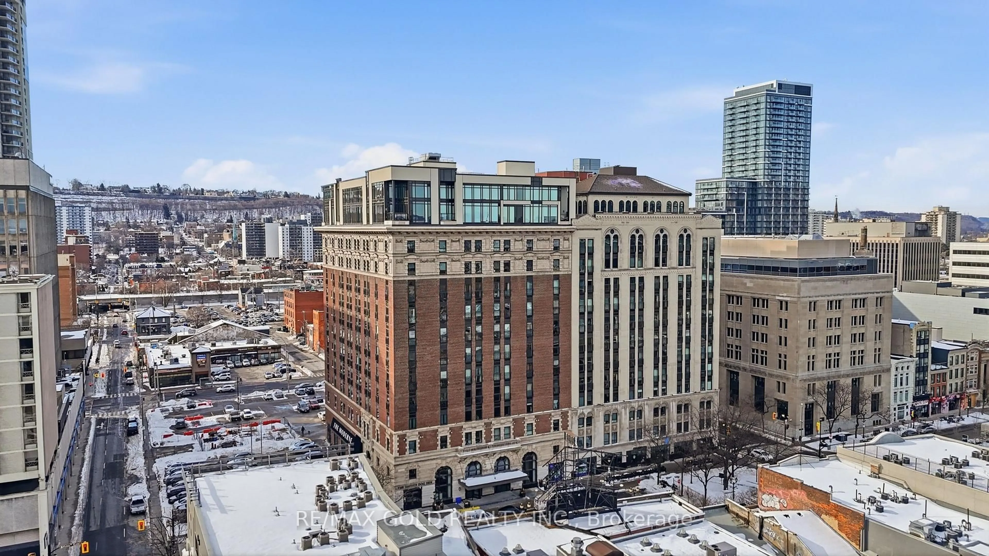 A pic from outside/outdoor area/front of a property/back of a property/a pic from drone, city buildings view from balcony for 112 King St #305, Hamilton Ontario L8N 1A8