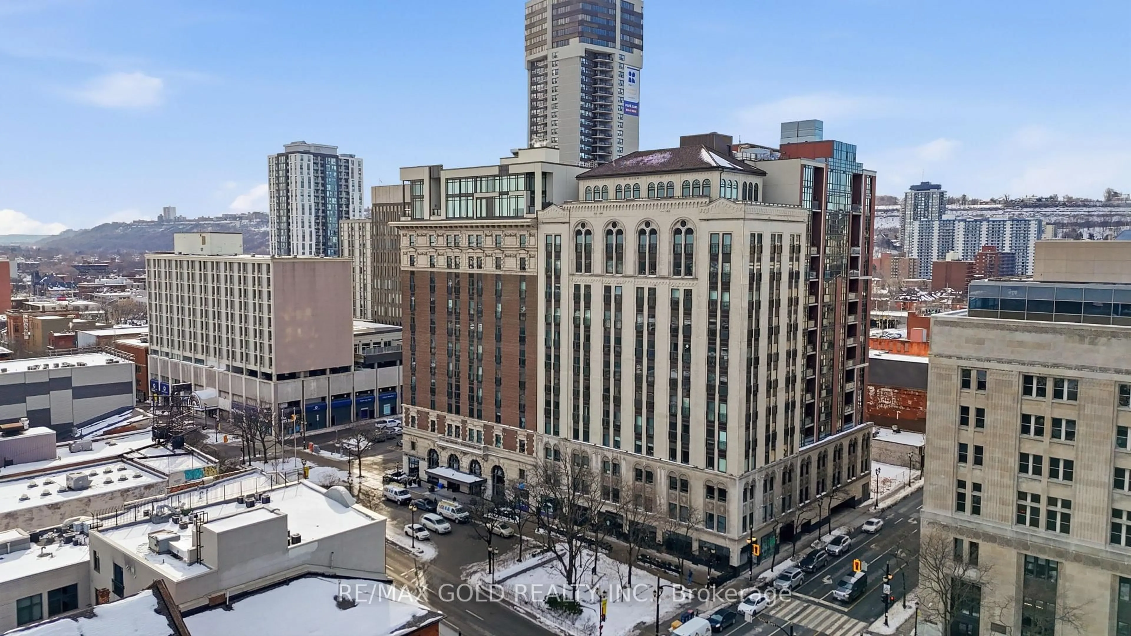 A pic from outside/outdoor area/front of a property/back of a property/a pic from drone, city buildings view from balcony for 112 King St #305, Hamilton Ontario L8N 1A8