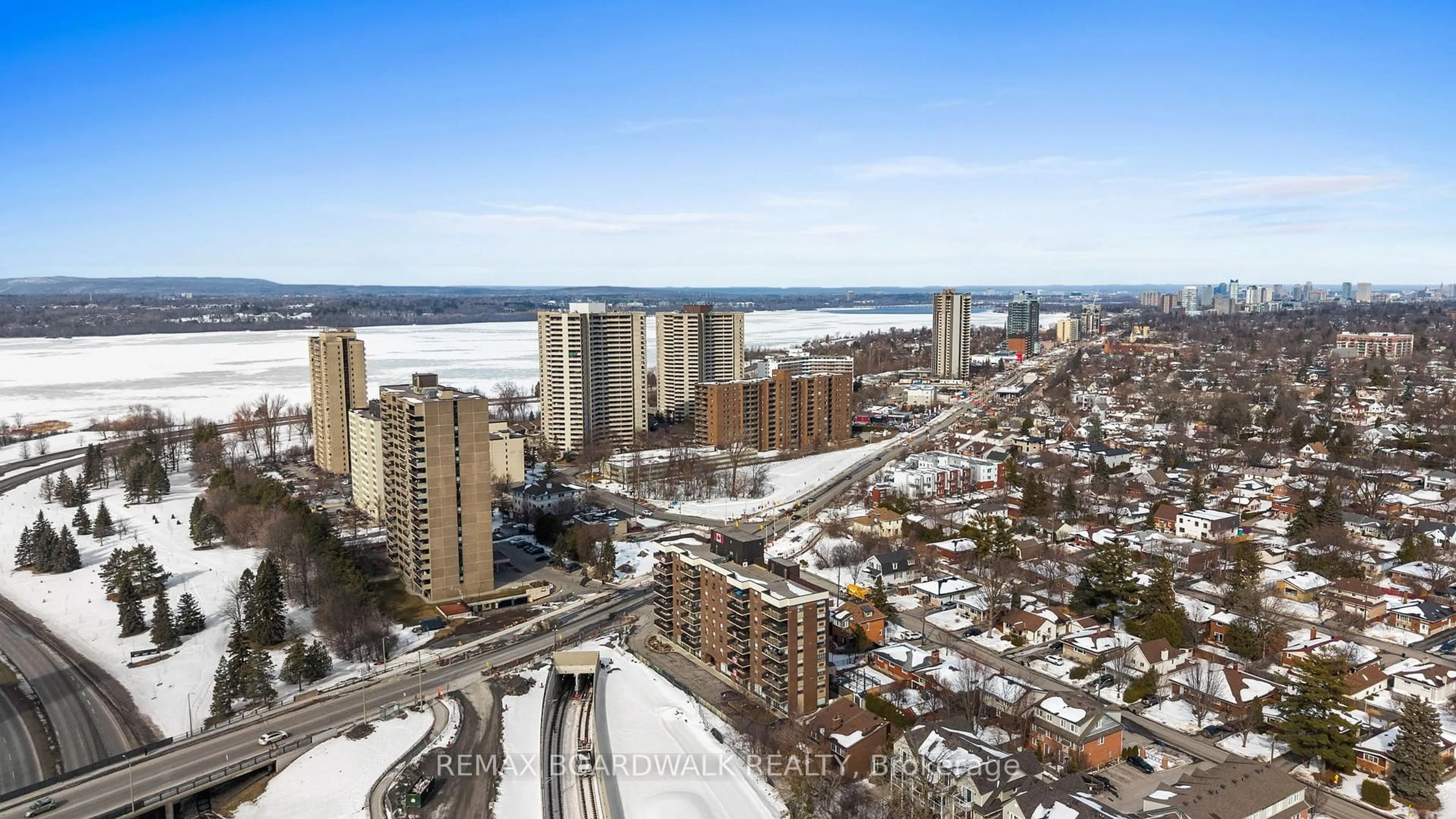 A pic from outside/outdoor area/front of a property/back of a property/a pic from drone, city buildings view from balcony for 1190 Richmond Rd #502, Ottawa Ontario K2B 8J3